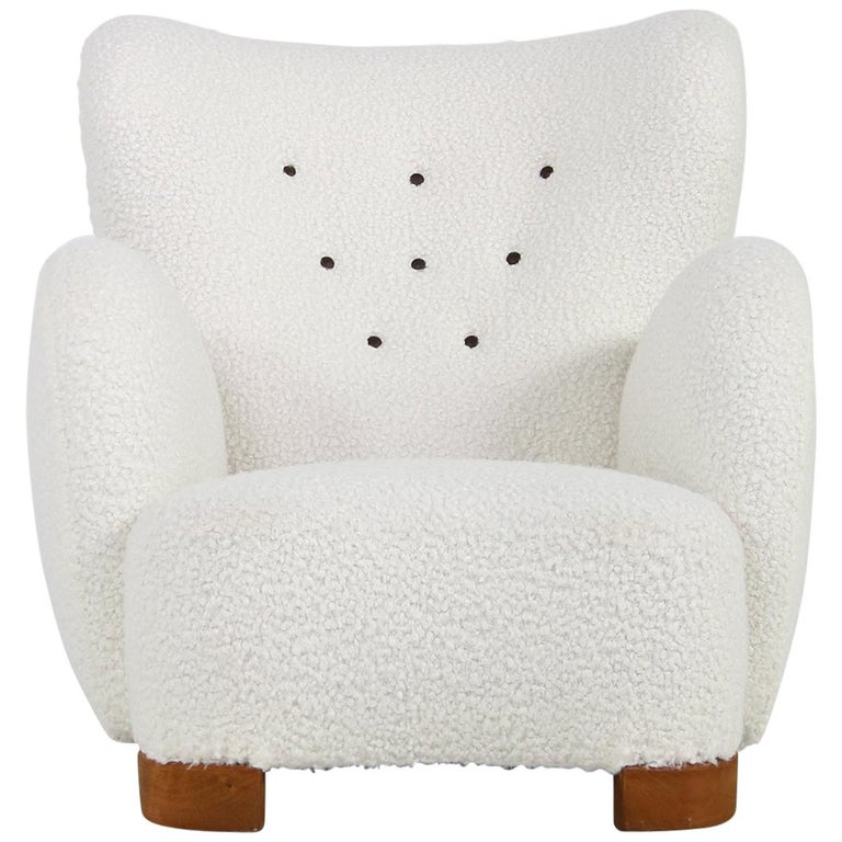 Großer Dänischer Loungesessel Ohrensessel Flemming Lassen, Boucle Fell Lammfell 1