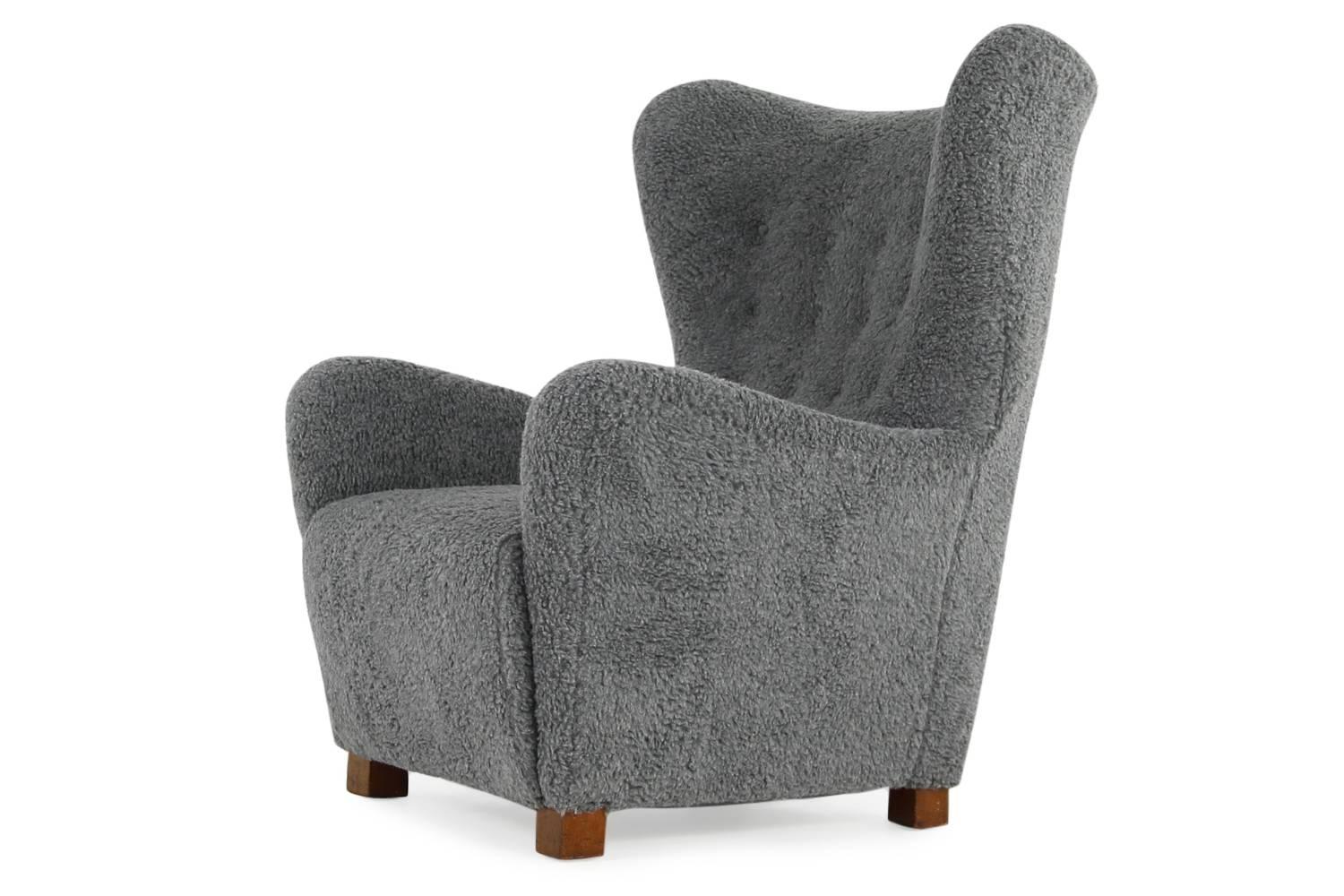 Mid-Century Modern Large Danish Lounge Chair Wingchair Flemming Lassen Teddy Bear Fur Sheepskin