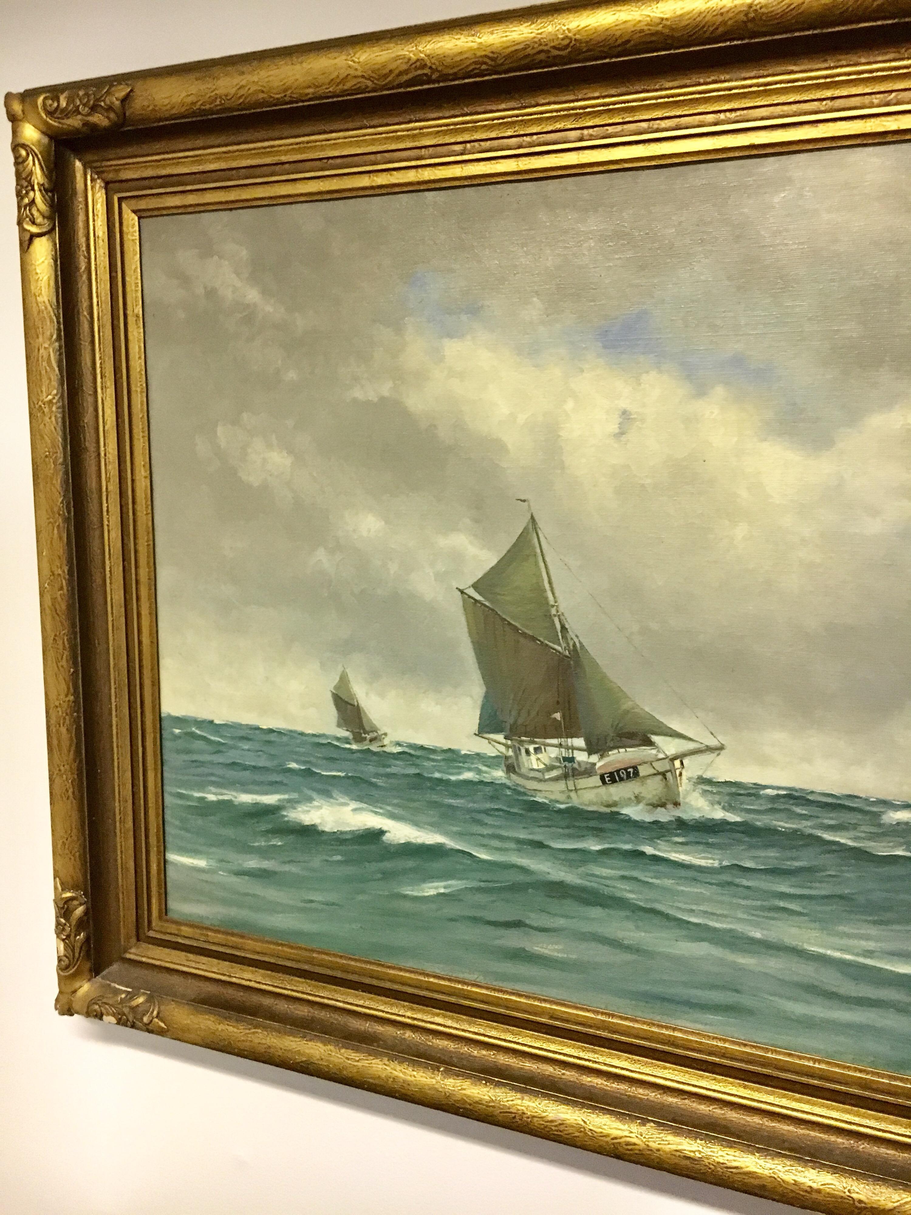 Wonderful large oil painting of sail ships by well-known Danish Marine painter Lauritz Sorensen (b.1882-d.1968) Sorensen was known for his dedication to the sea and his study of maritime objects, particularly sailing ships such as these. The spray