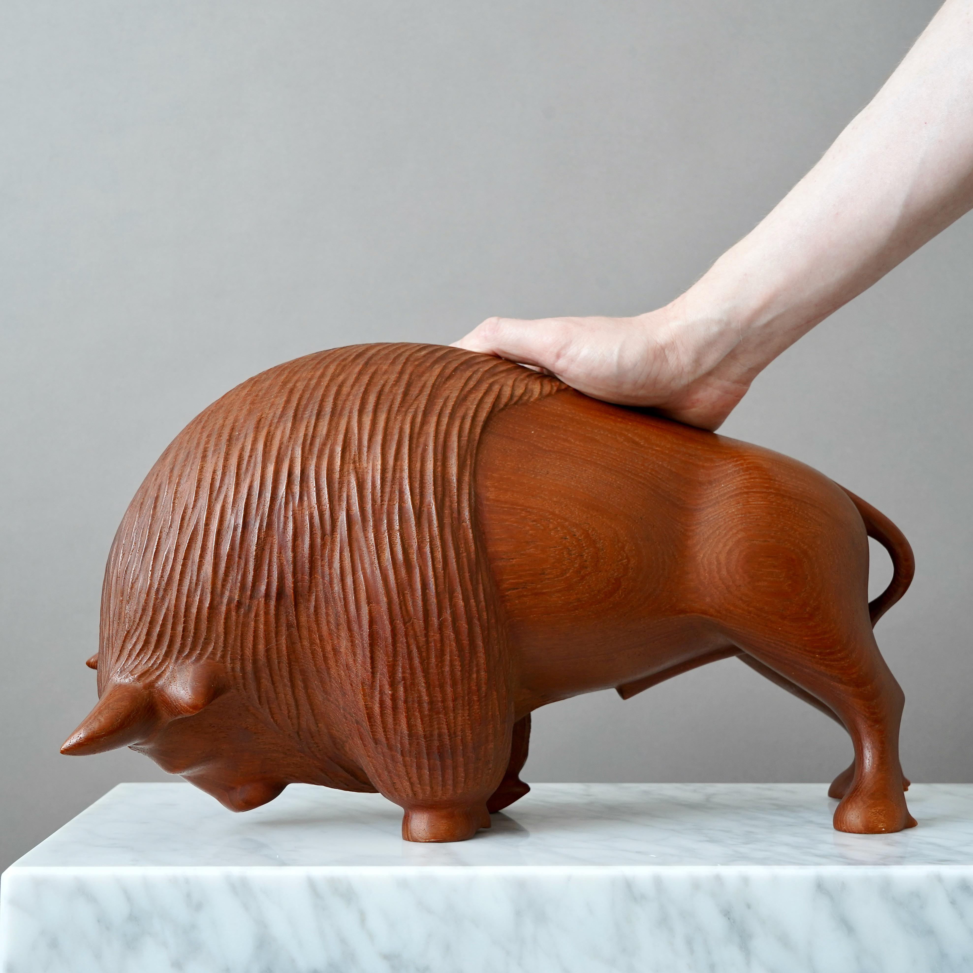 Large Danish Mid-Century Carved Teakwood Bison, 1950s. For Sale 9