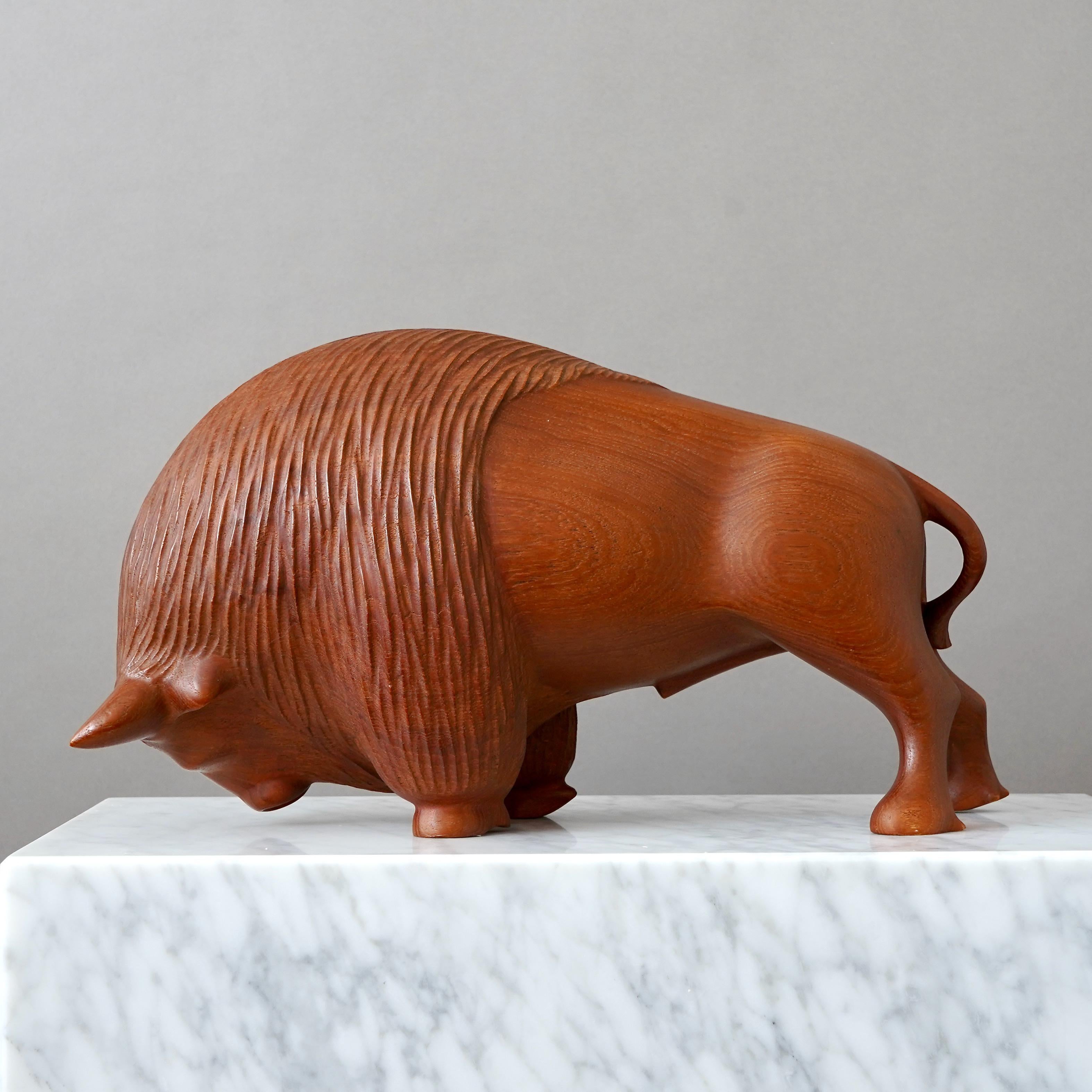 Mid-Century Modern Large Danish Mid-Century Carved Teakwood Bison, 1950s. For Sale