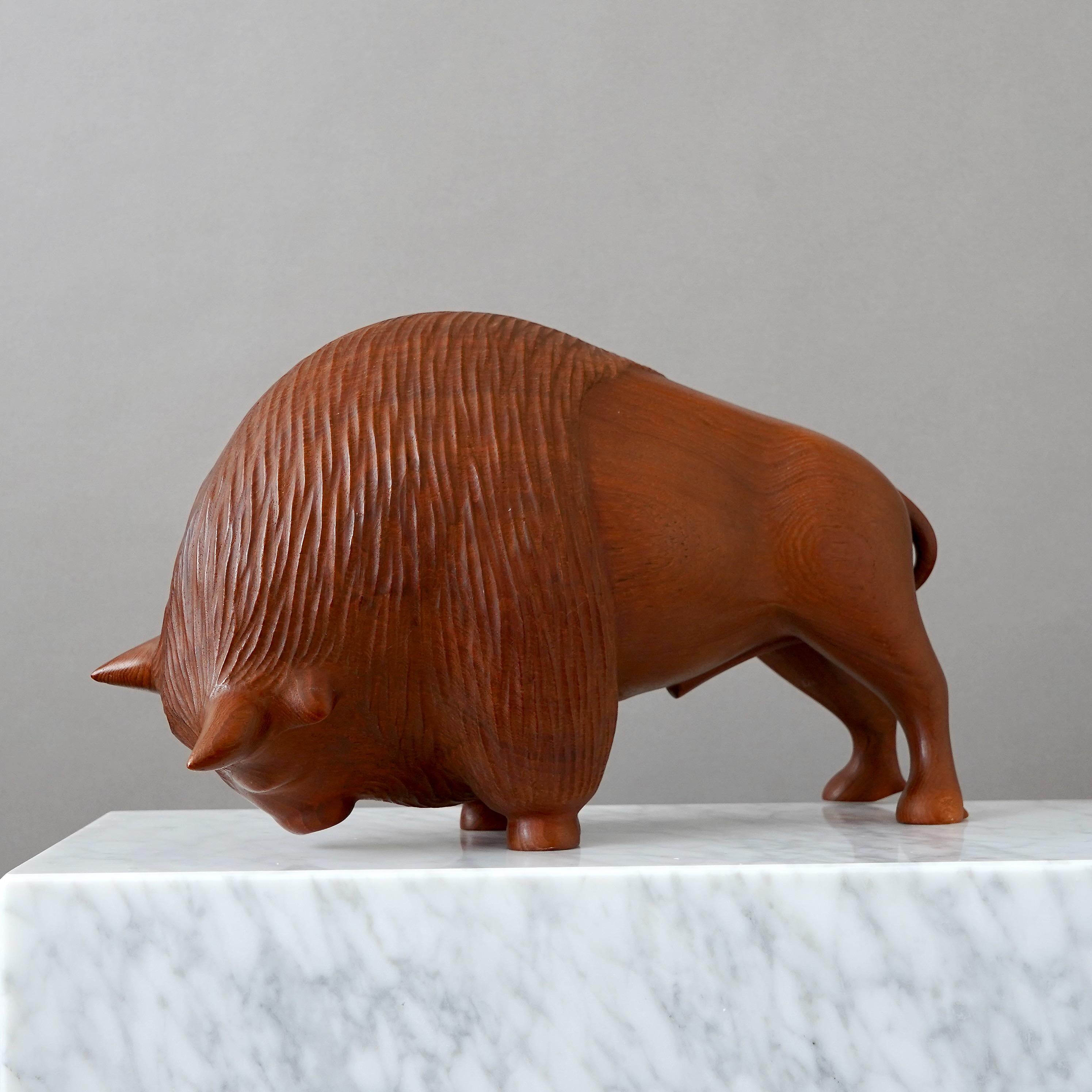 Hand-Carved Large Danish Mid-Century Carved Teakwood Bison, 1950s. For Sale
