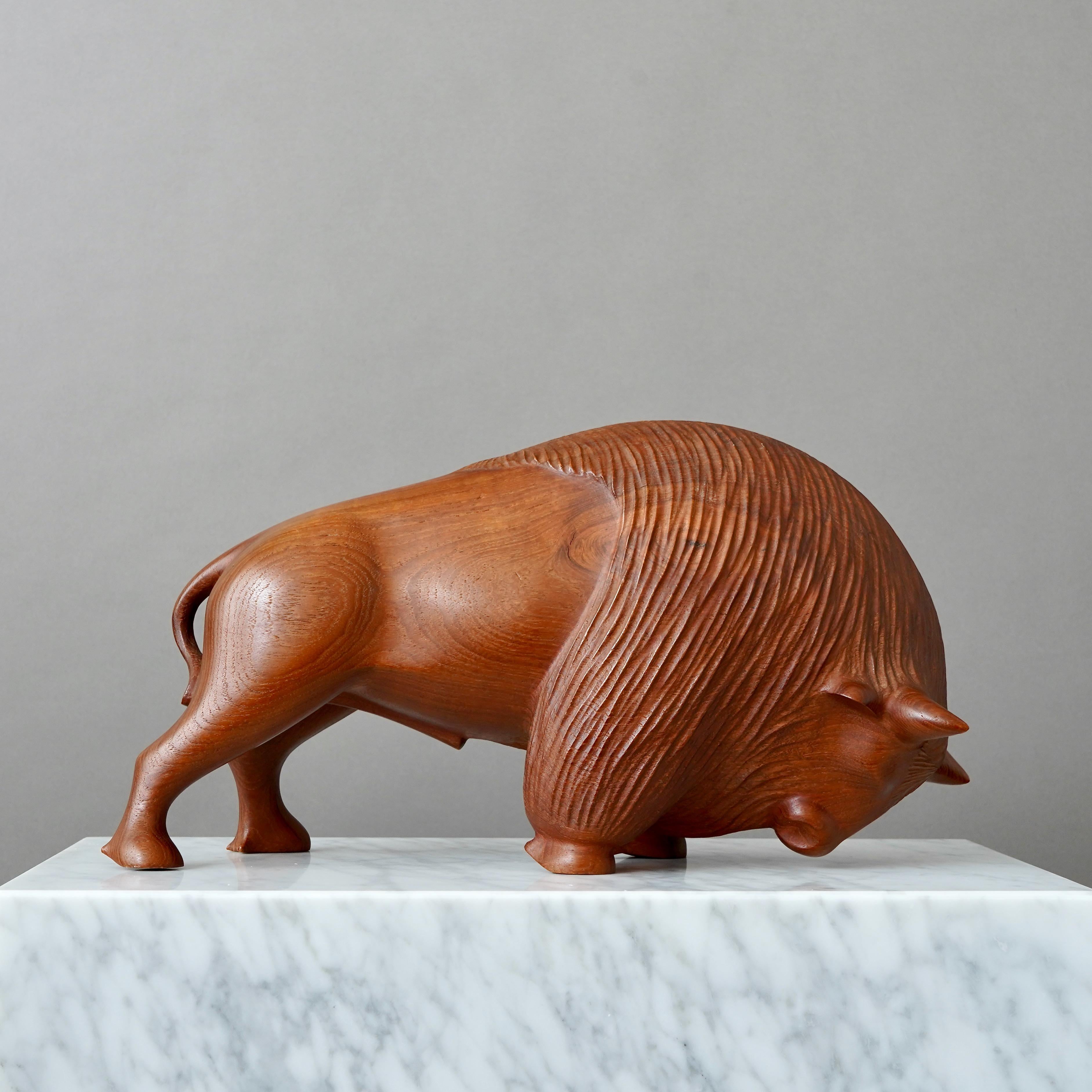 Large Danish Mid-Century Carved Teakwood Bison, 1950s. For Sale 2