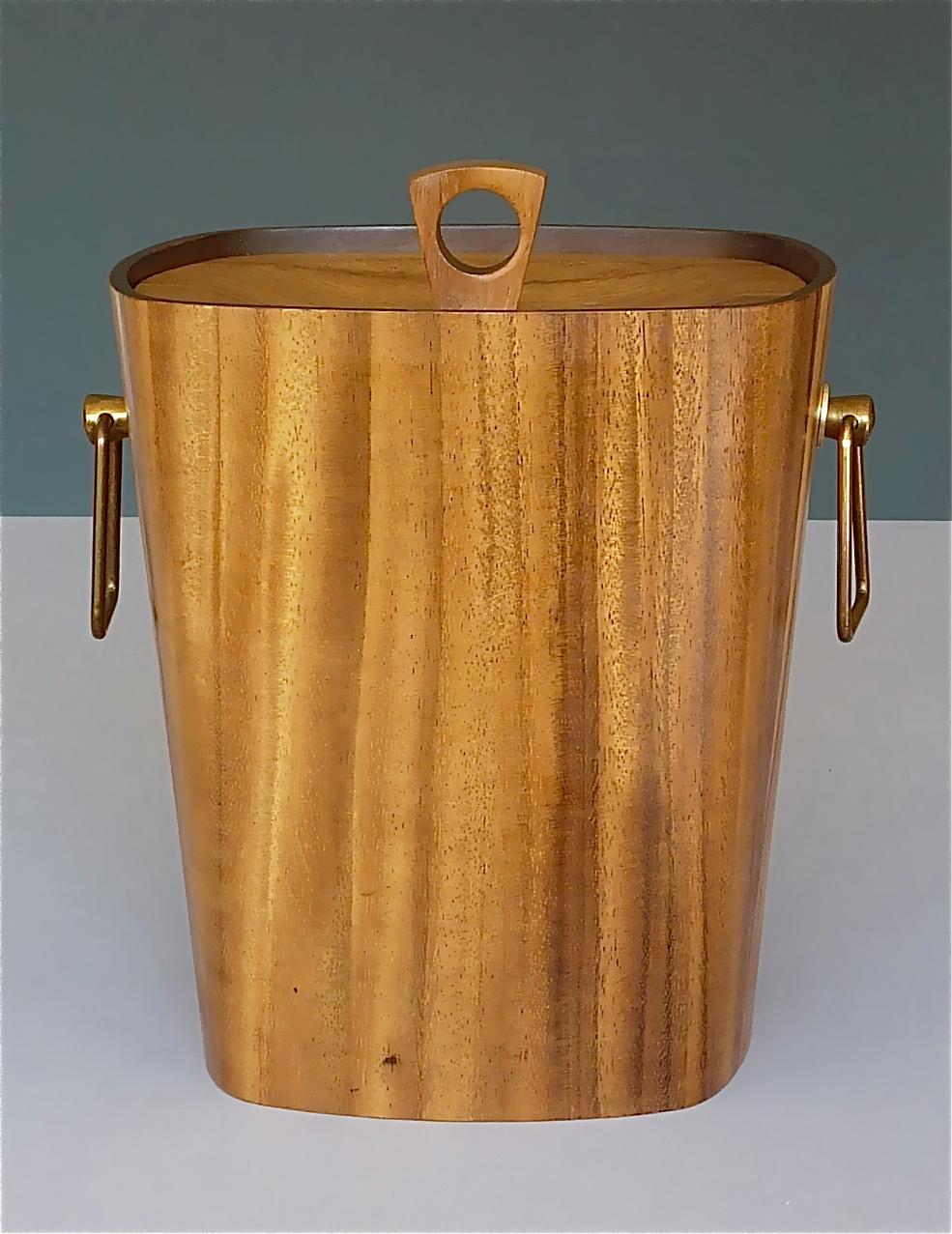Scandinavian Modern Large Danish Midcentury Ice Bucket Wine Cooler Teak Walnut Patinated Brass 1950s
