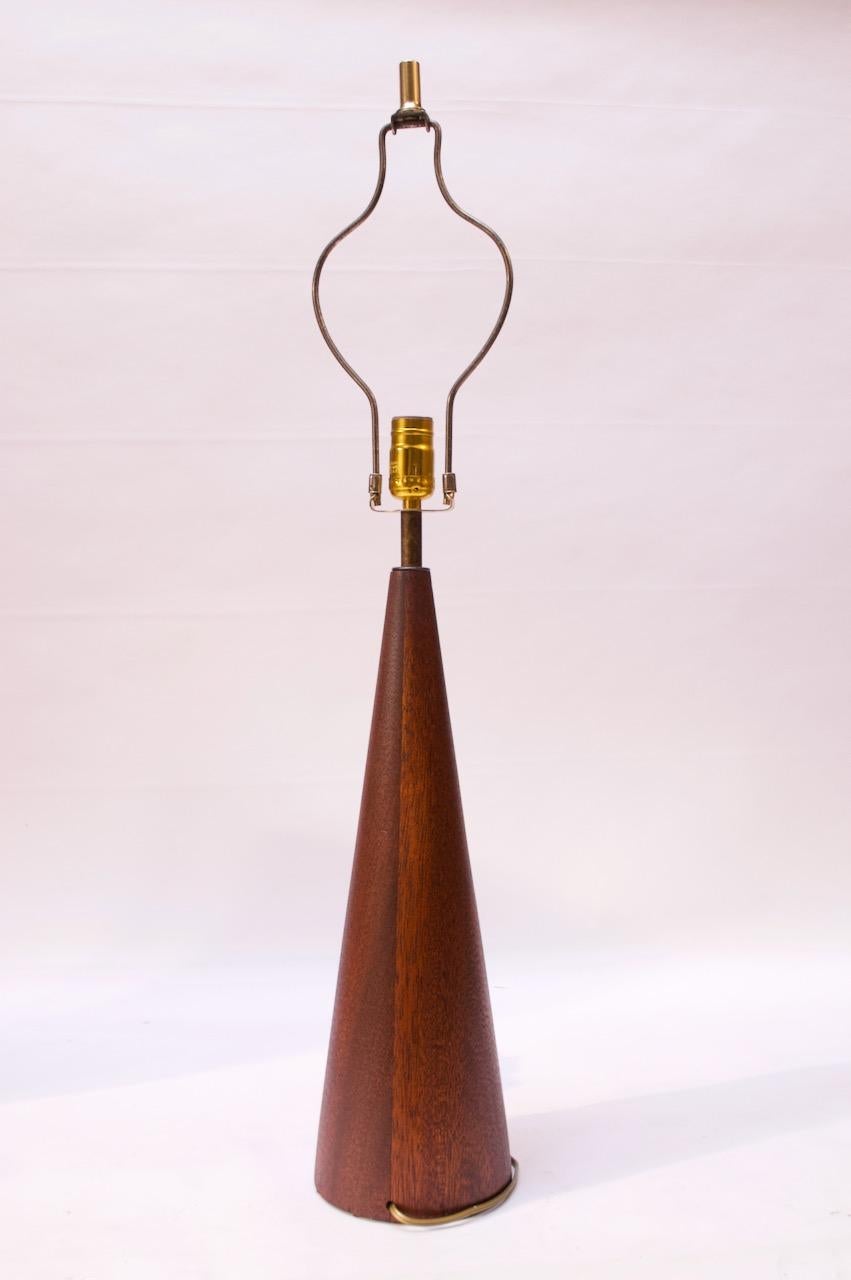 Patinated Large Danish Modern Conical Teak Table Lamp