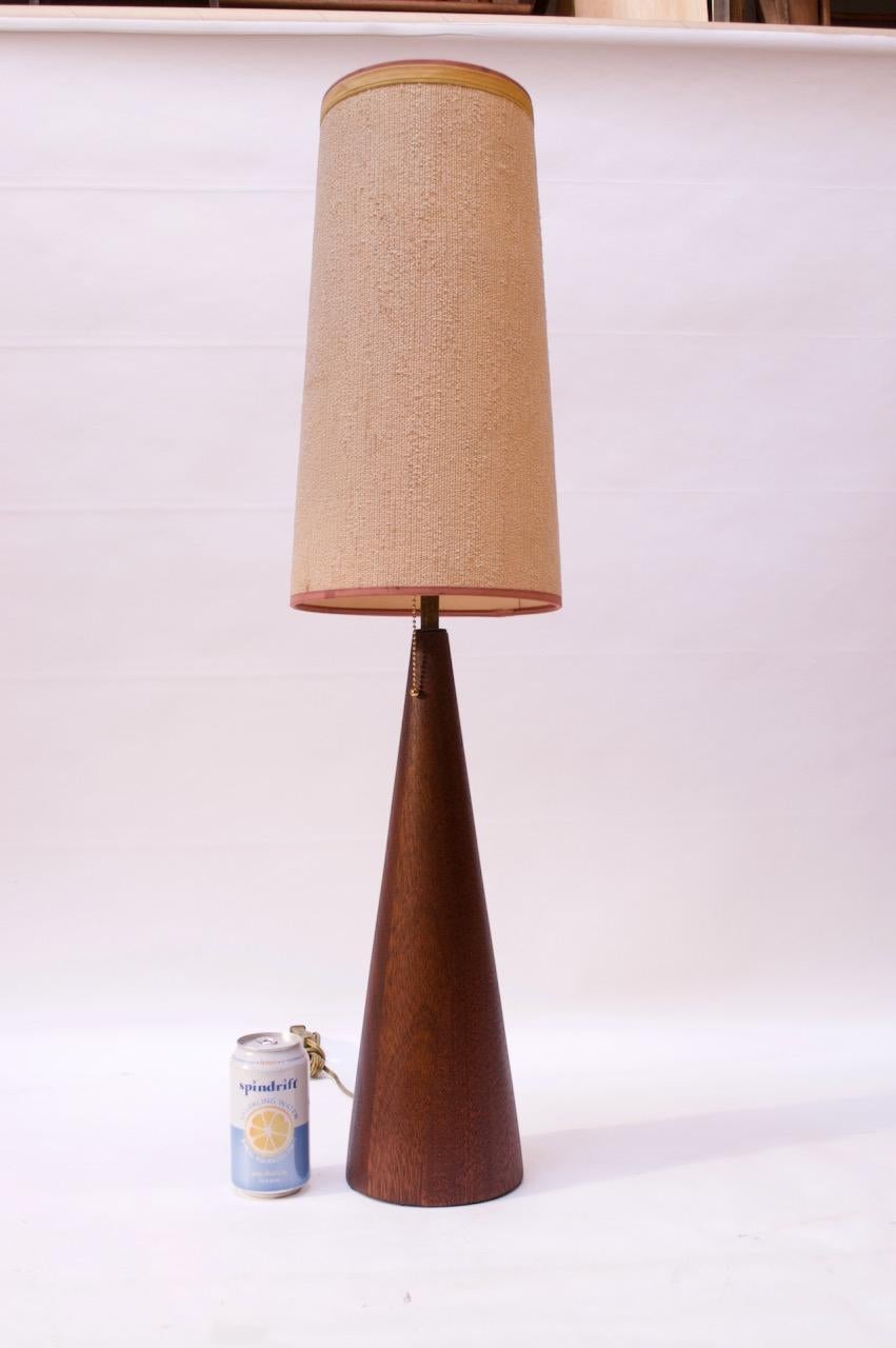 Linen Large Danish Modern Conical Teak Table Lamp