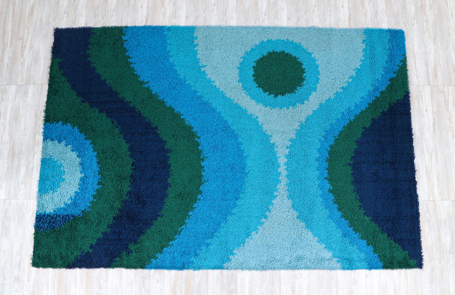 Large Danish modern hand-knotted blue/green wool rug by Rya.