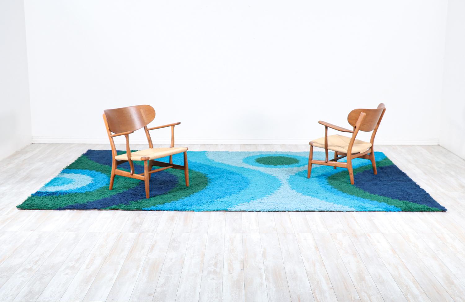 Large Danish Modern Hand-Knotted Blue/Green Wool Rug by Rya In Excellent Condition In Los Angeles, CA