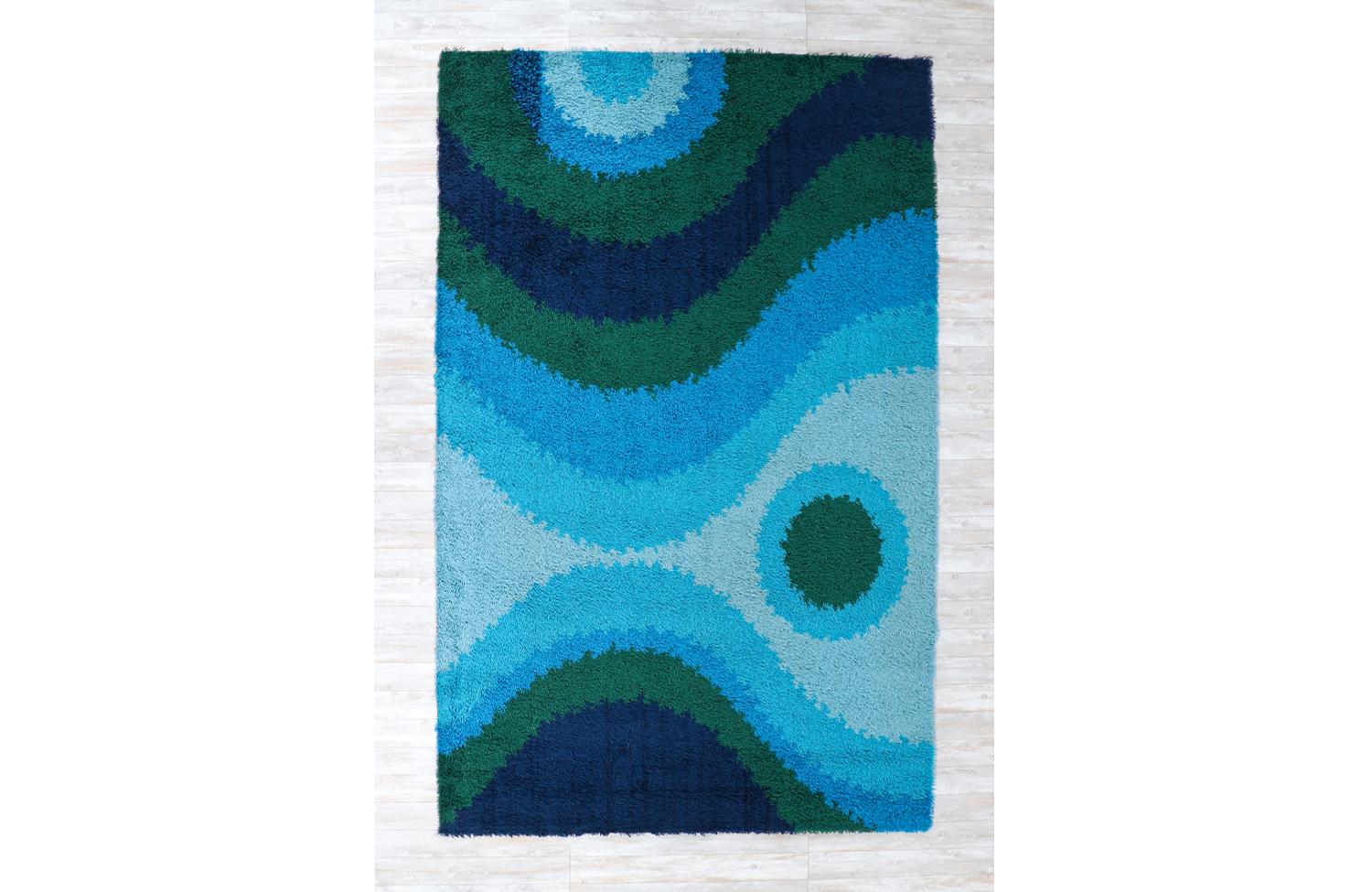 Large Danish Modern Hand-Knotted Blue/Green Wool Rug by Rya 1
