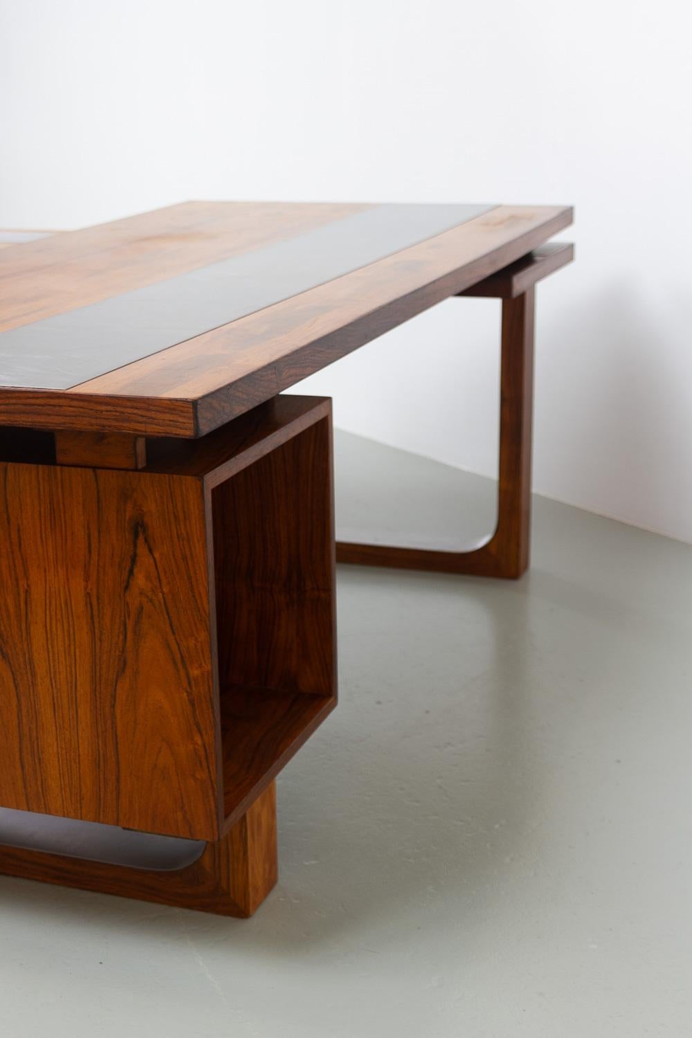 Late 20th Century Large Danish Modern L-shaped Rosewood and Steel Desk with Sideboard, 1970s. For Sale