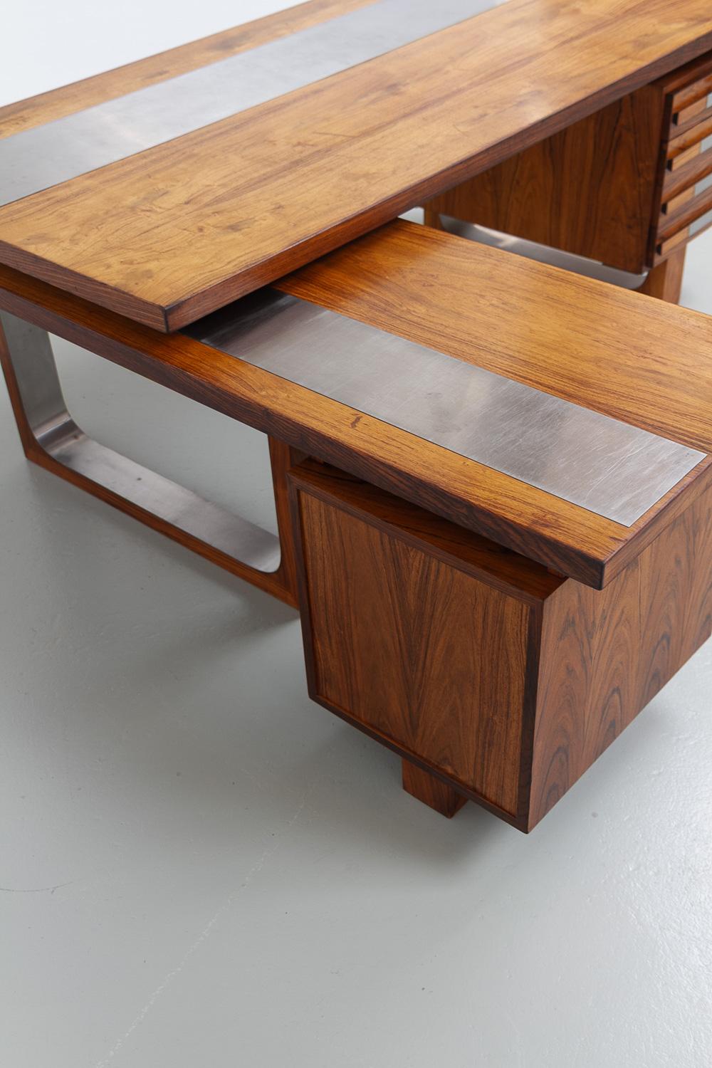 Stainless Steel Large Danish Modern L-shaped Rosewood and Steel Desk with Sideboard, 1970s. For Sale