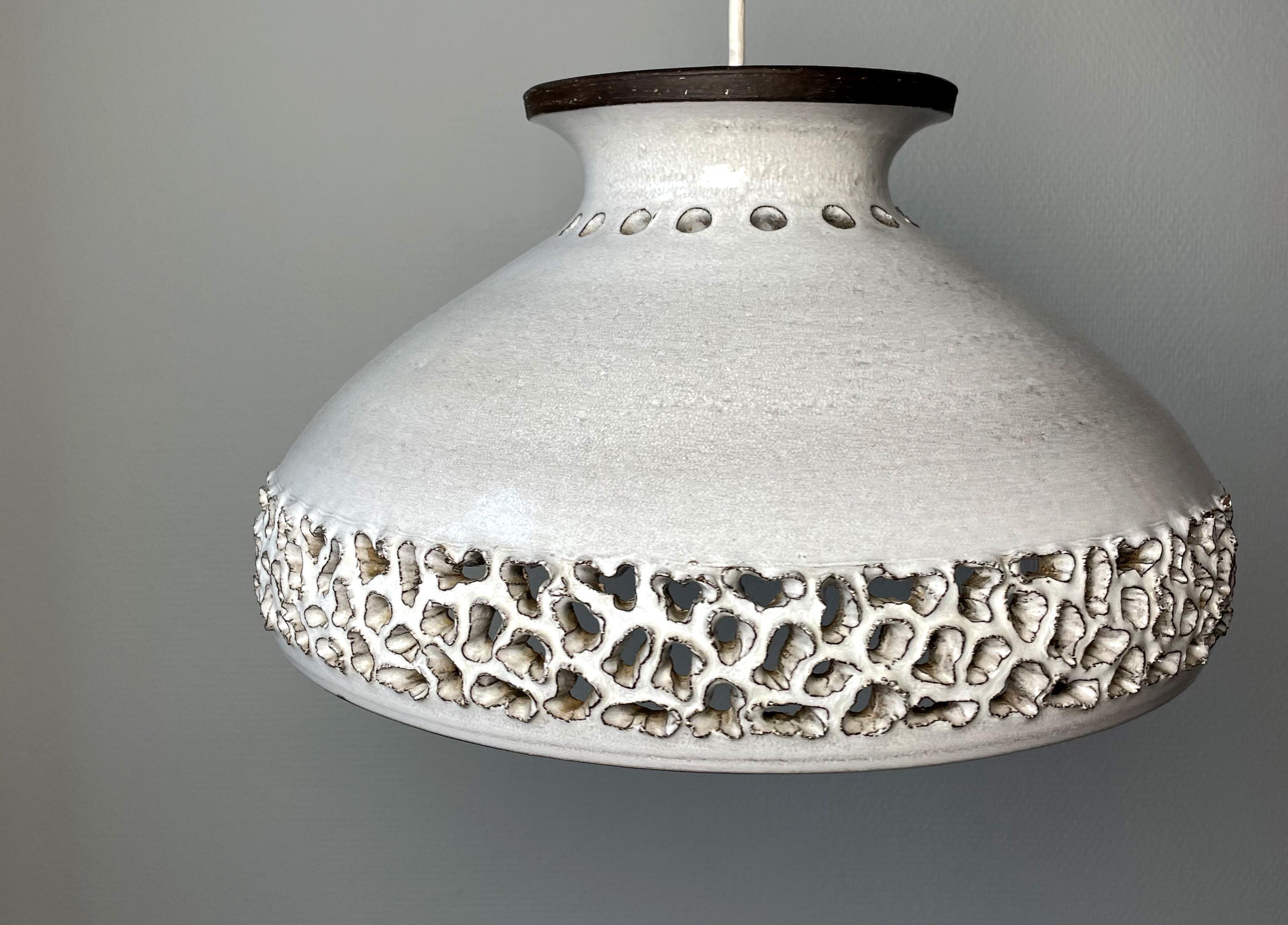 Large Danish Modern Perforated Light Grey Ceramic Pendant, 1970s For Sale 3