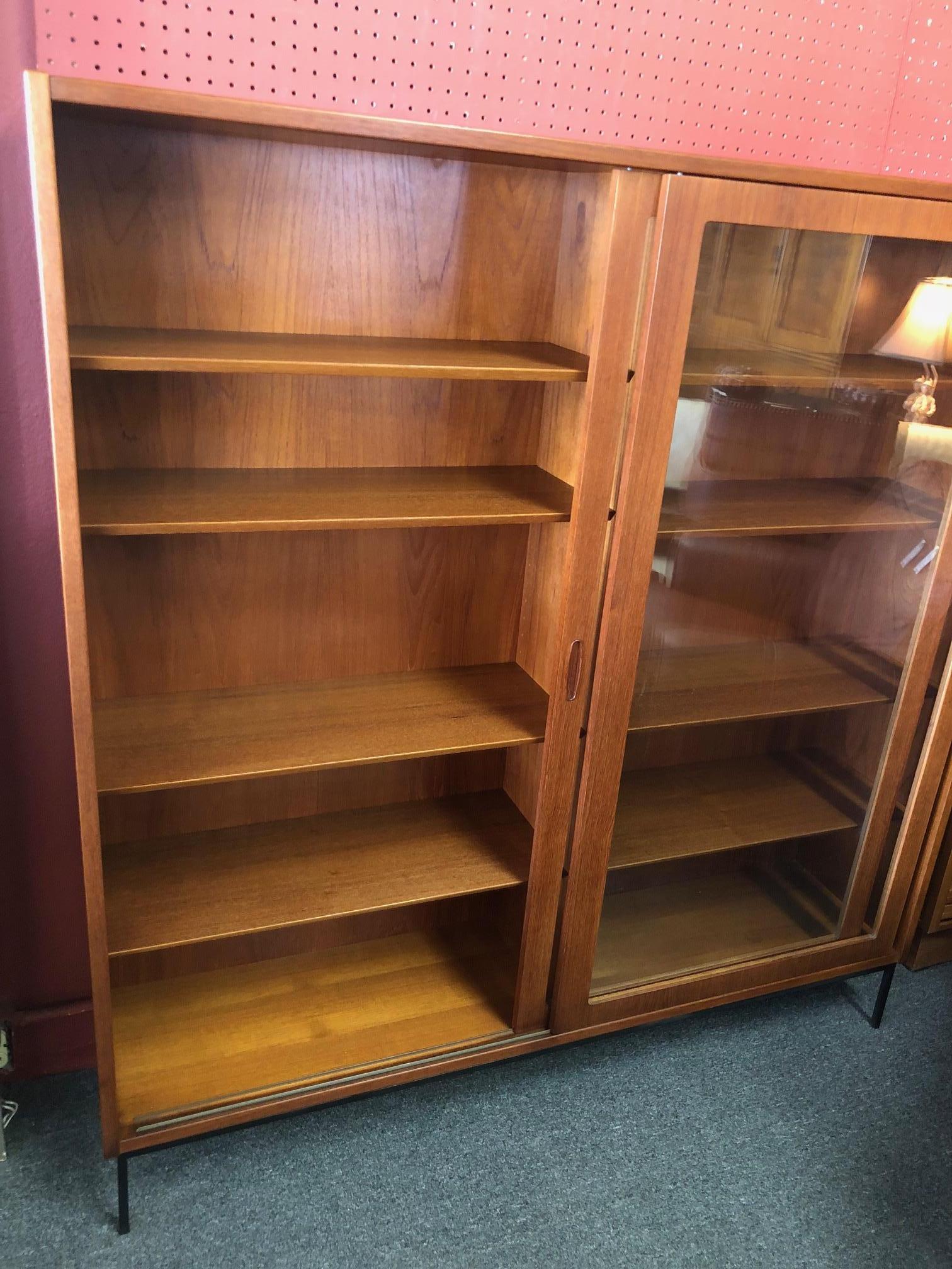 Mid-Century Modern Large Danish Modern Teak Bookcase with Sliding Glass Doors on Iron Base