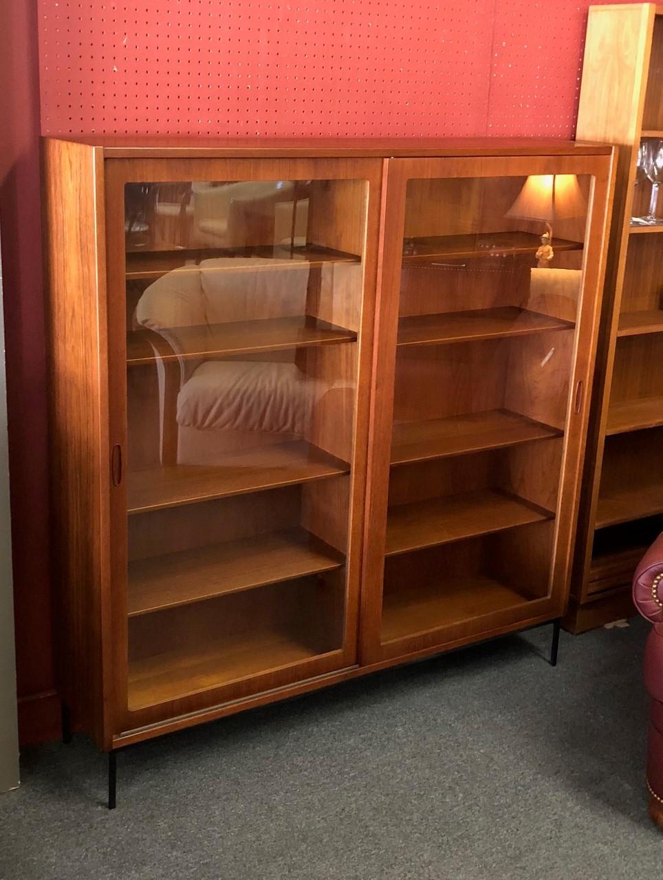 20th Century Large Danish Modern Teak Bookcase with Sliding Glass Doors on Iron Base