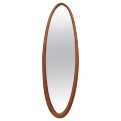 Large Danish Modern Teak Frame Narrow Oval Full Length Wall Mirror