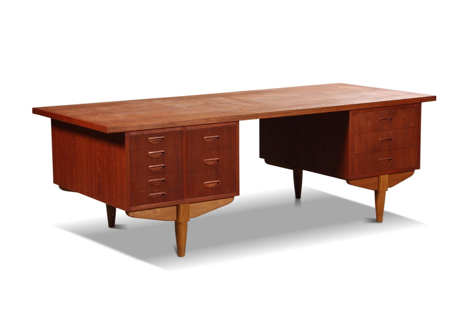 Large Danish Modern Teak + Oak Partners Desk In Excellent Condition For Sale In Berkeley, CA