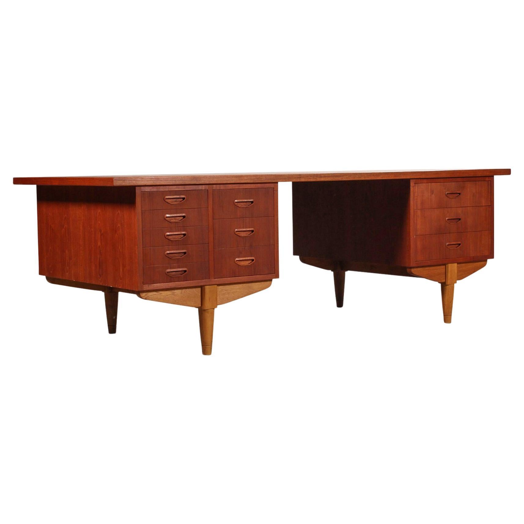 Large Danish Modern Teak + Oak Partners Desk For Sale