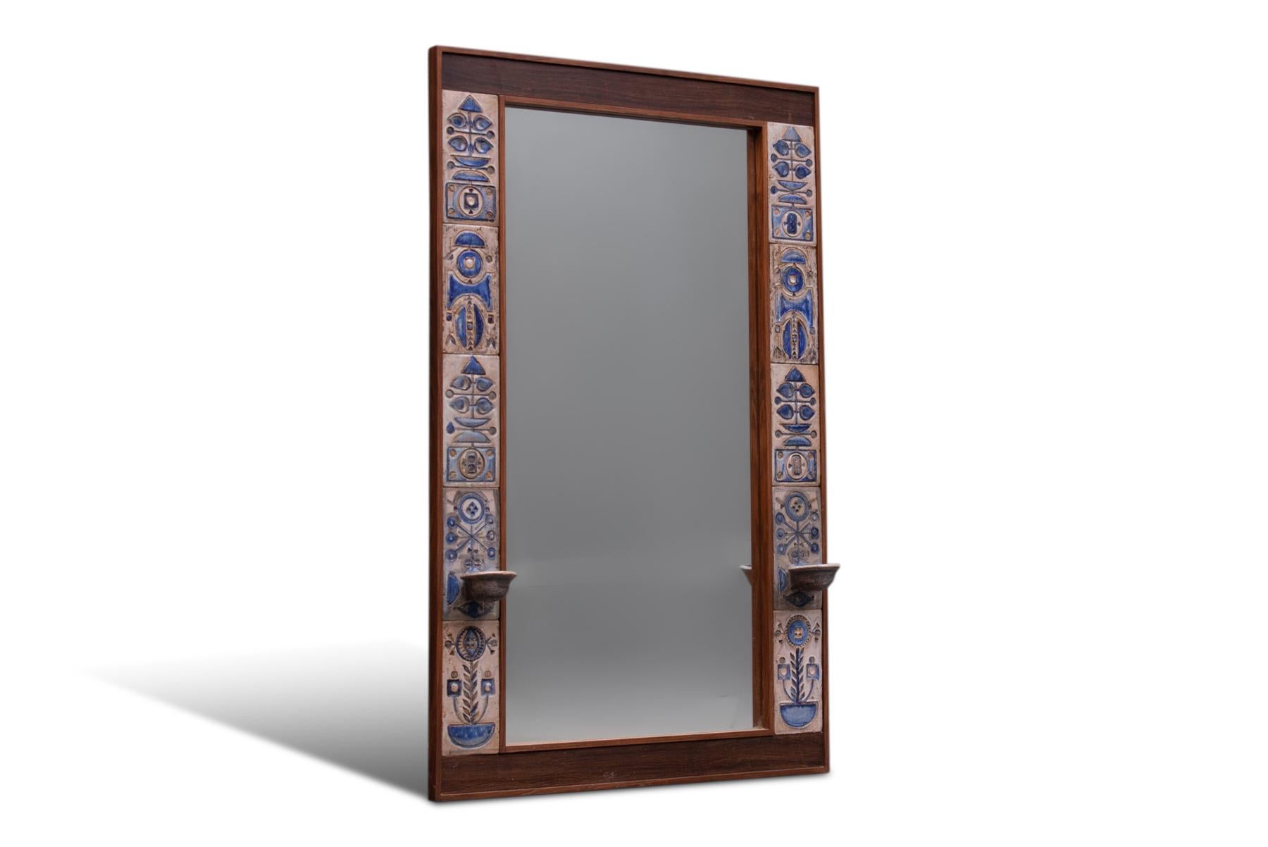 Large Danish Modern Wall Mirror in Rosewood + Ceramic Art Tile For Sale 3