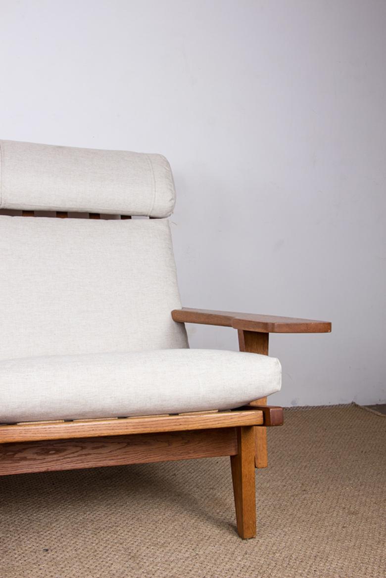 Fabric Large Danish Sofa, solid oak and fabric, model GE375 by Hans Wegner/Getama 1960. For Sale
