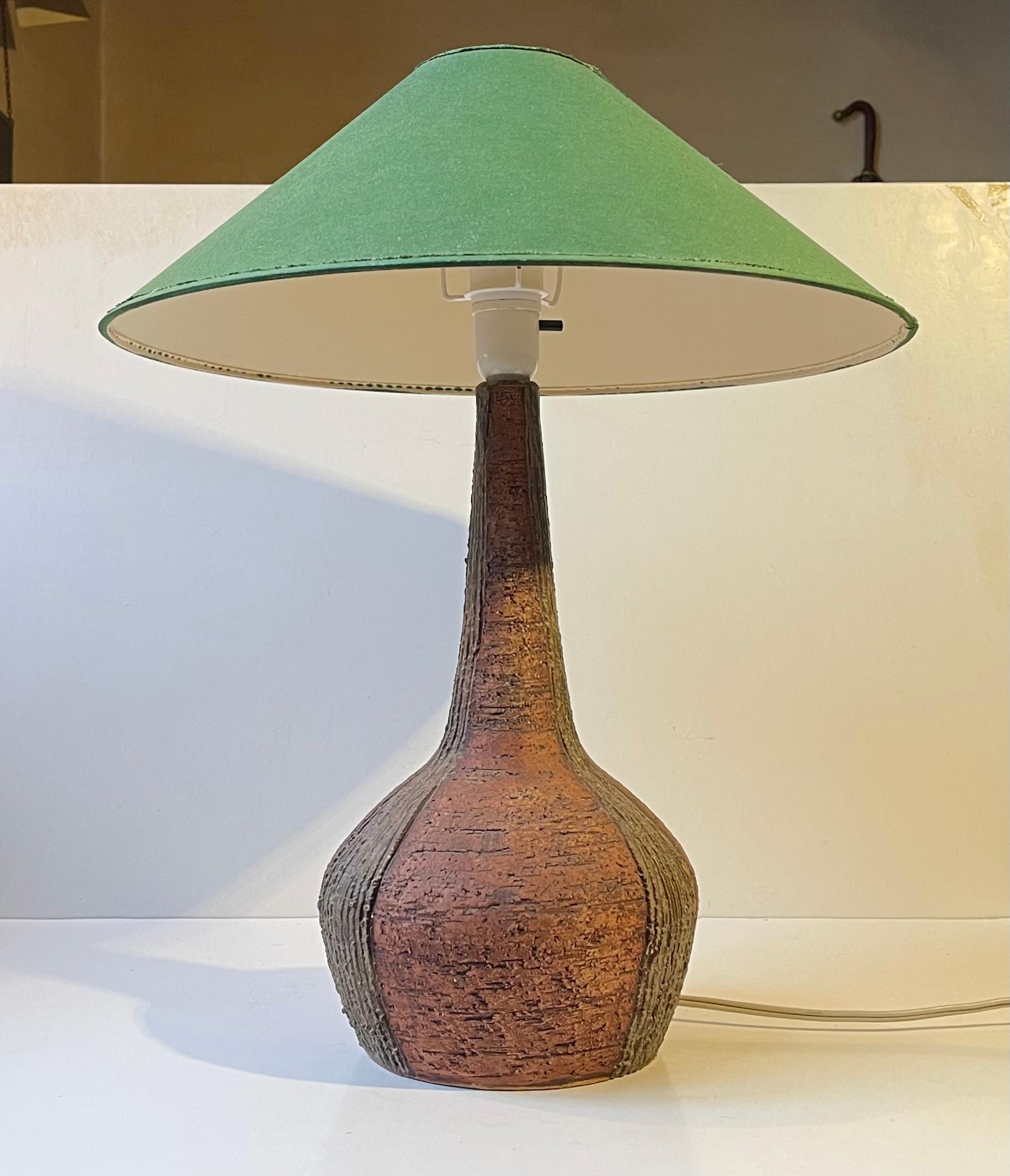 Glazed Large Danish Stoneware Table Lamp w. Green Shade by Sejer, 1970s For Sale