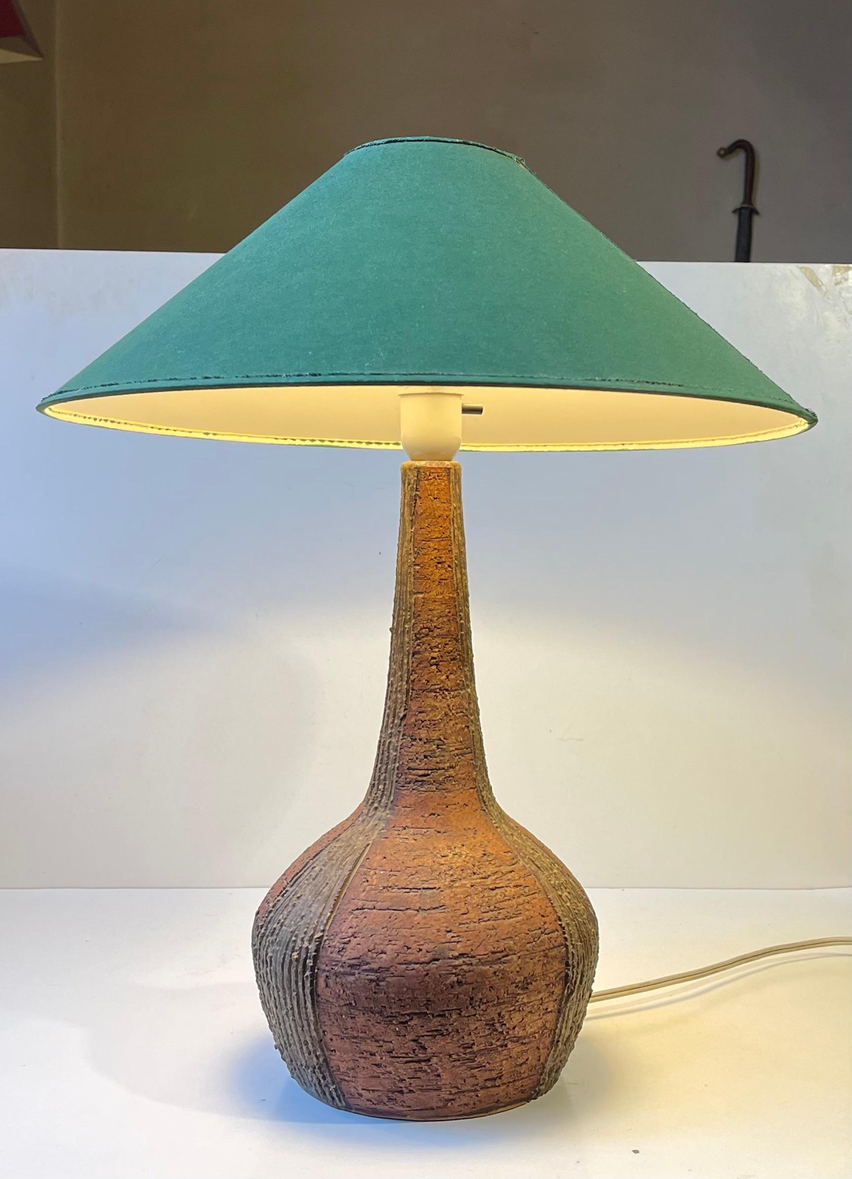 Large Danish Stoneware Table Lamp w. Green Shade by Sejer, 1970s In Good Condition For Sale In Esbjerg, DK