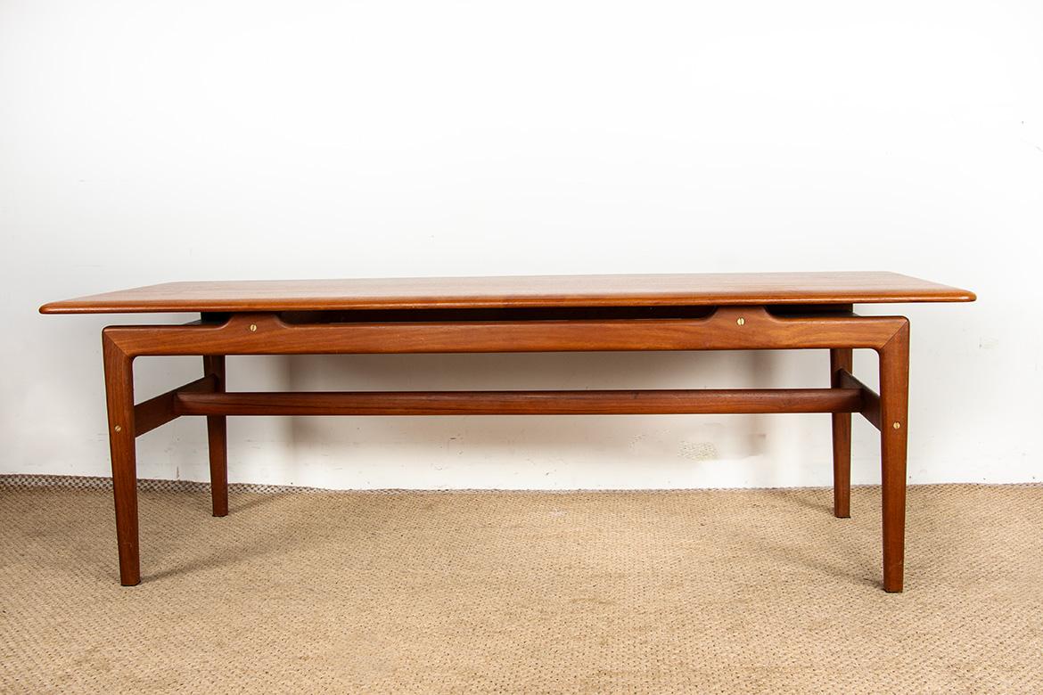 Brass Large Danish teak coffee table with 2 side document holders, 1960. For Sale