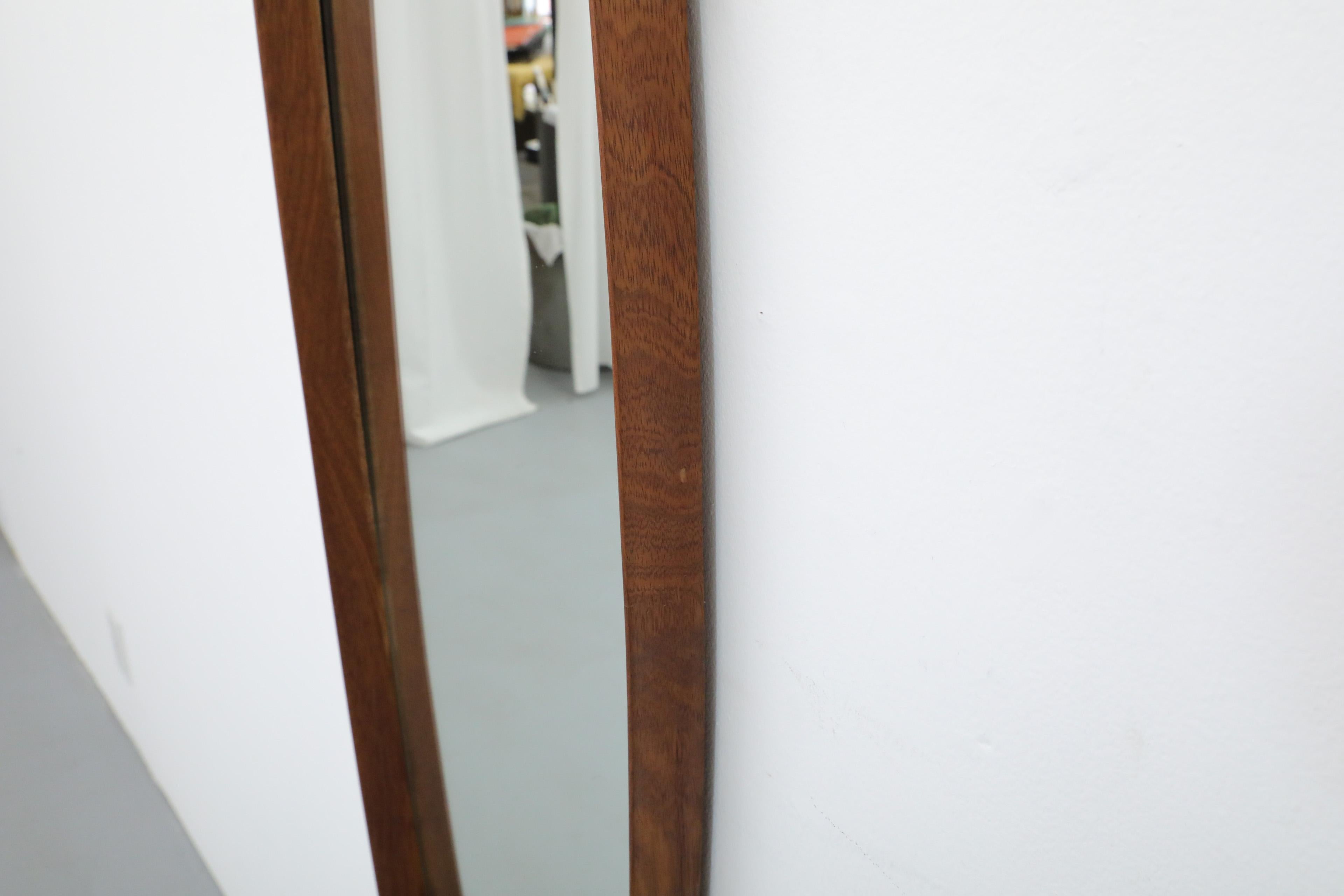 Large Danish Teak Framed Hanging Coffin Shaped Mirror with Brown Leather Strap For Sale 5
