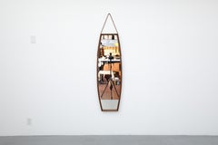 Large Danish Teak Framed Hanging Coffin Shaped Mirror with Brown Leather Strap