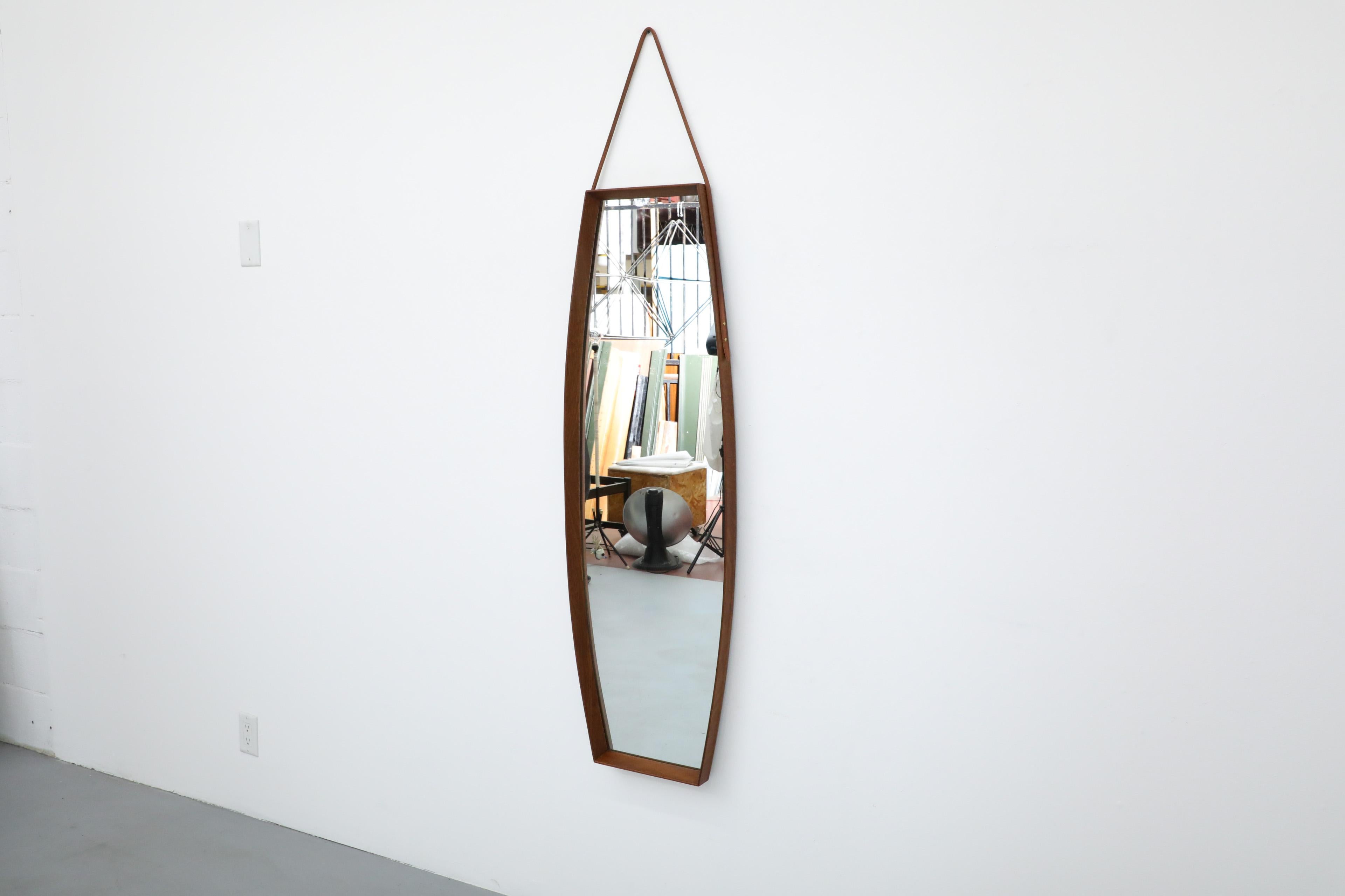 Mid-Century Modern Large Danish Teak Framed Hanging Coffin Shaped Mirror with Brown Leather Strap For Sale