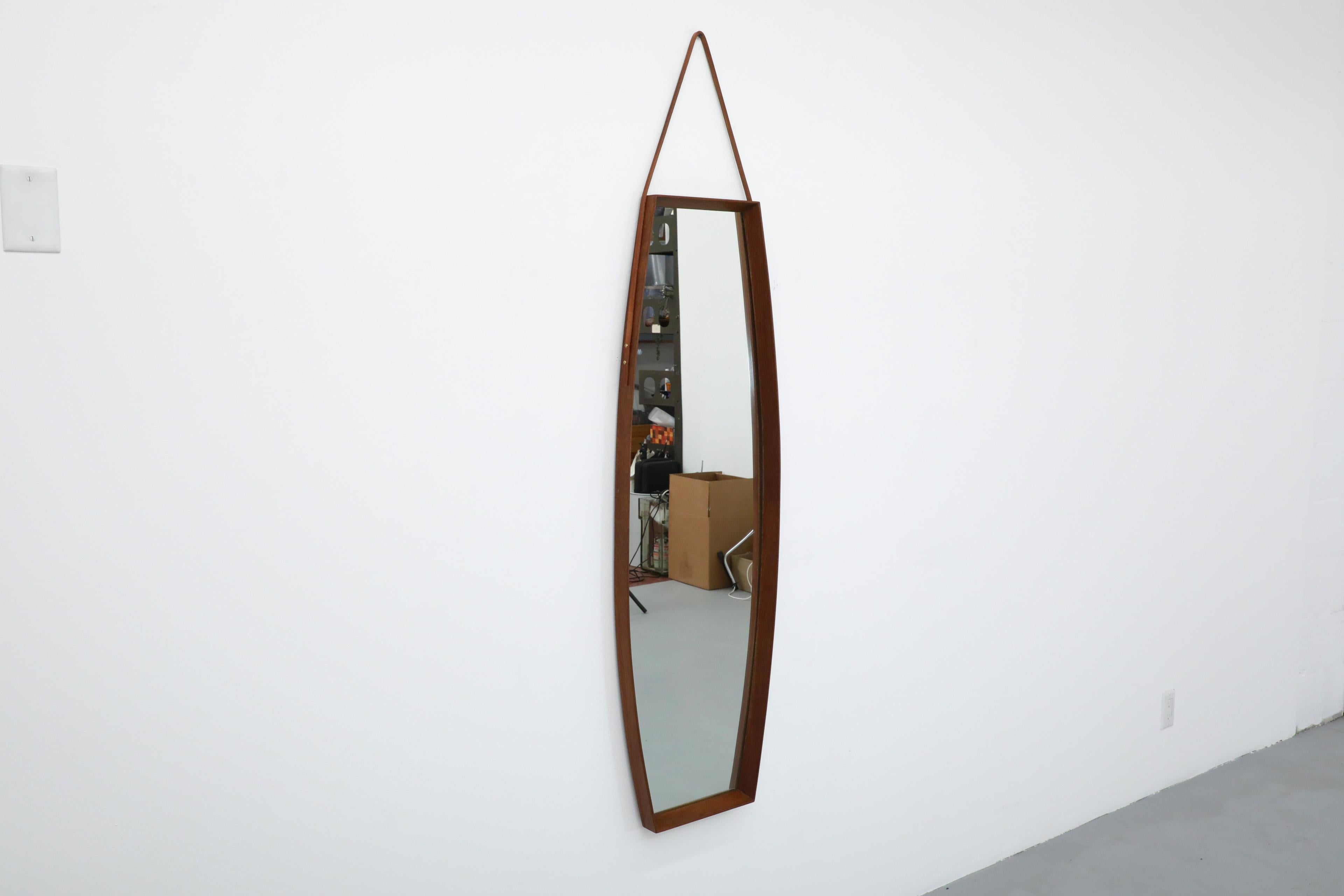 Large Danish Teak Framed Hanging Coffin Shaped Mirror with Brown Leather Strap In Good Condition For Sale In Los Angeles, CA