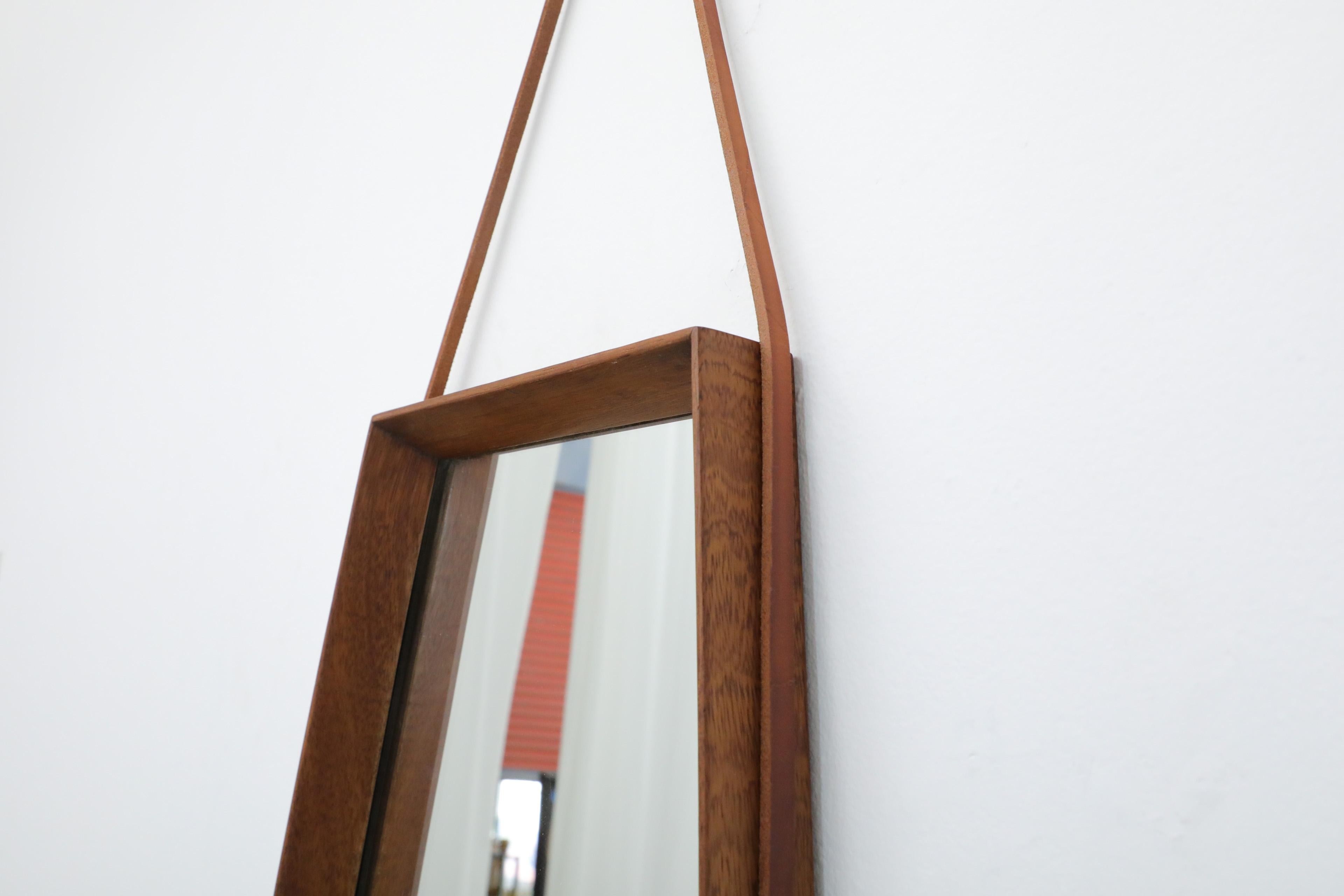 Large Danish Teak Framed Hanging Coffin Shaped Mirror with Brown Leather Strap For Sale 4