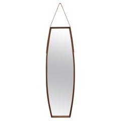 Large Danish Teak Framed Hanging Coffin Shaped Mirror with Brown Leather Strap