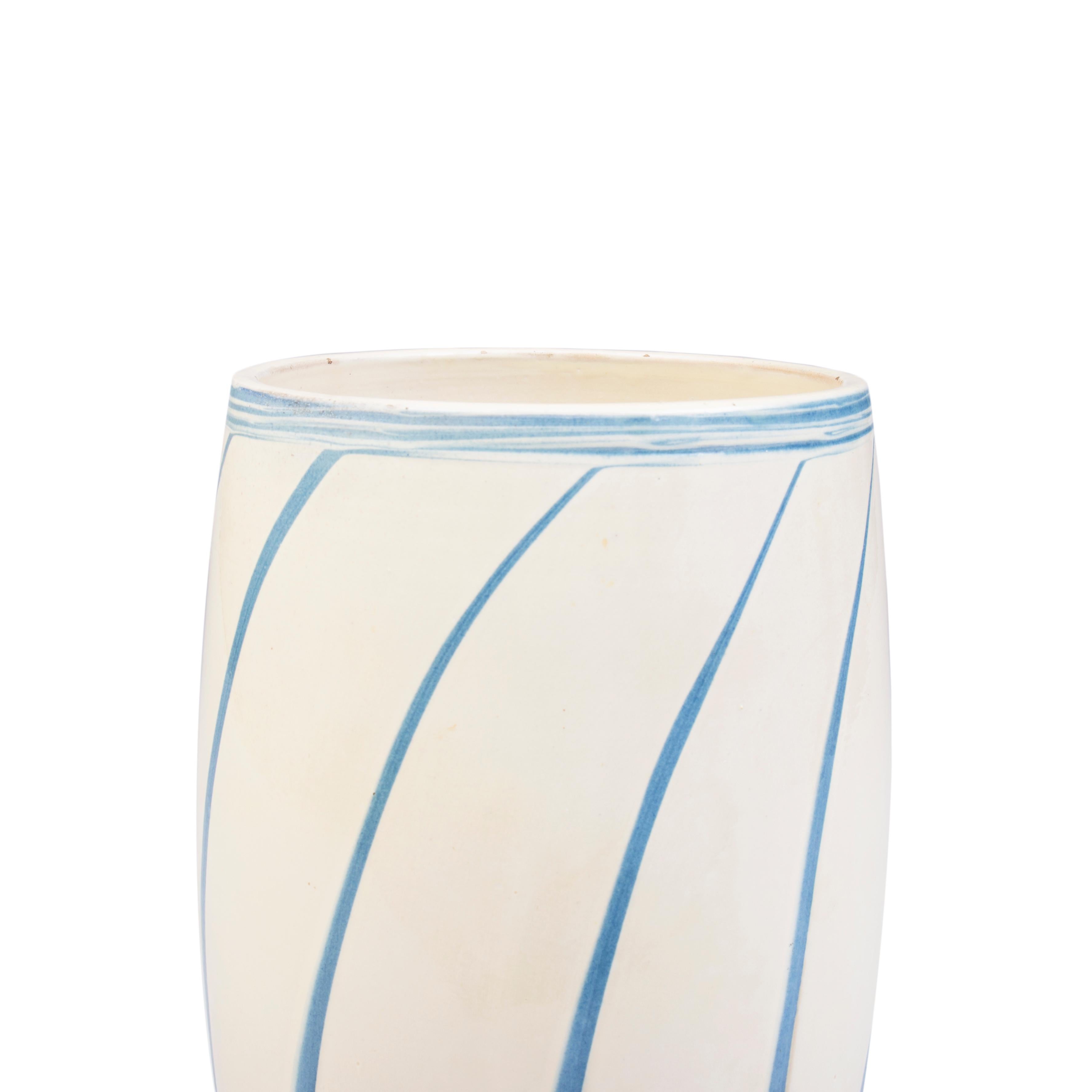 Scandinavian Modern Large Danish vase with light blue stripes on a cream colored base  For Sale