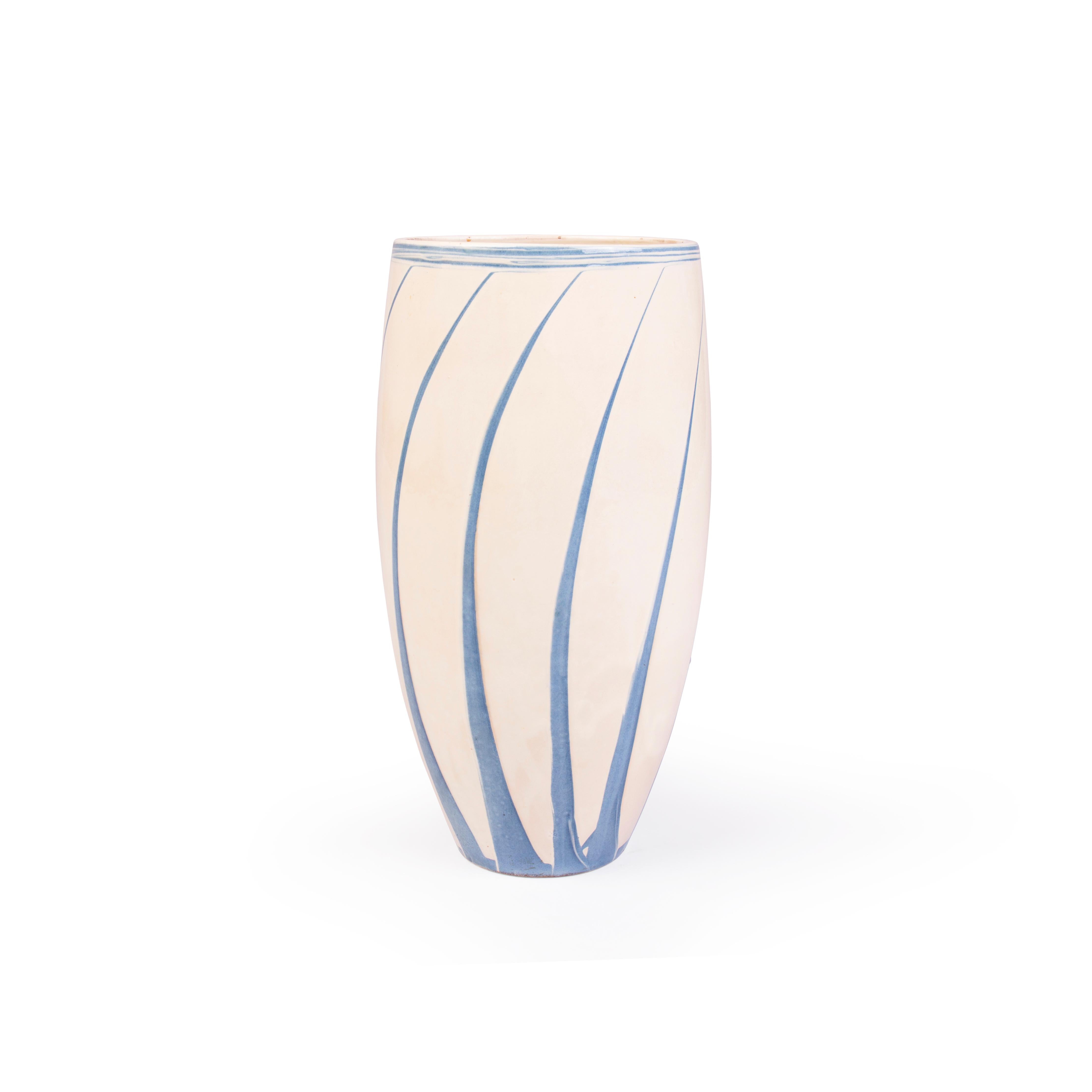 Glazed Large Danish vase with light blue stripes on a cream colored base  For Sale