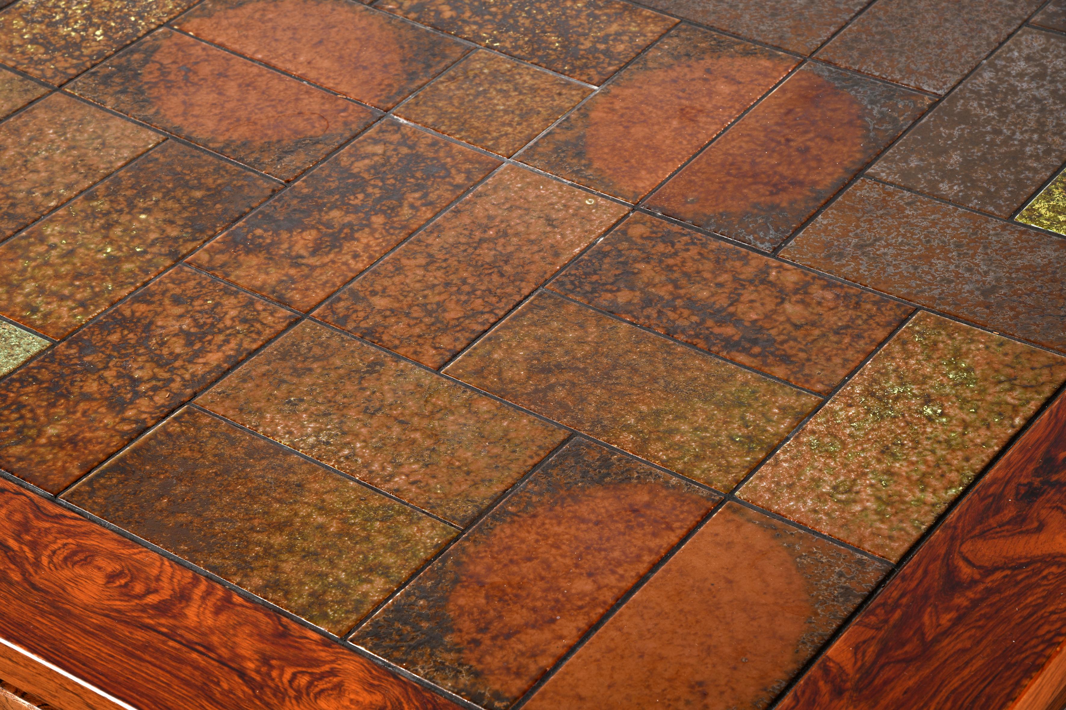 Large danish vintage coffee table wood & ceramic with or without wheels from 60s For Sale 3