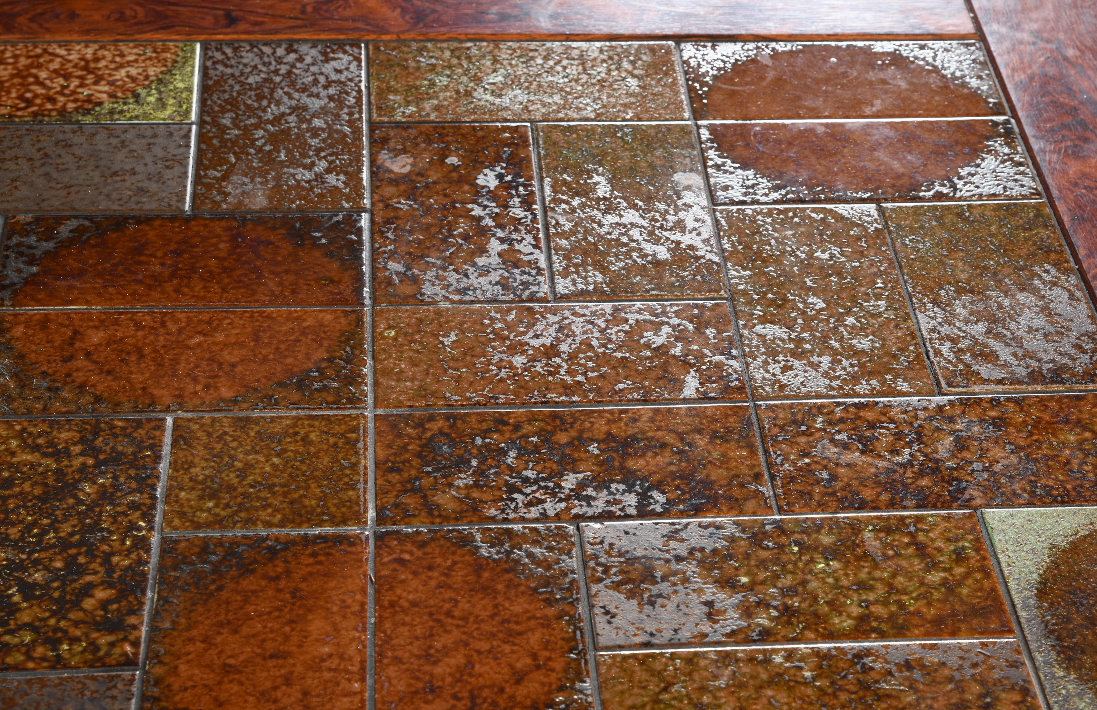 Large danish vintage coffee table wood & ceramic with or without wheels from 60s For Sale 5