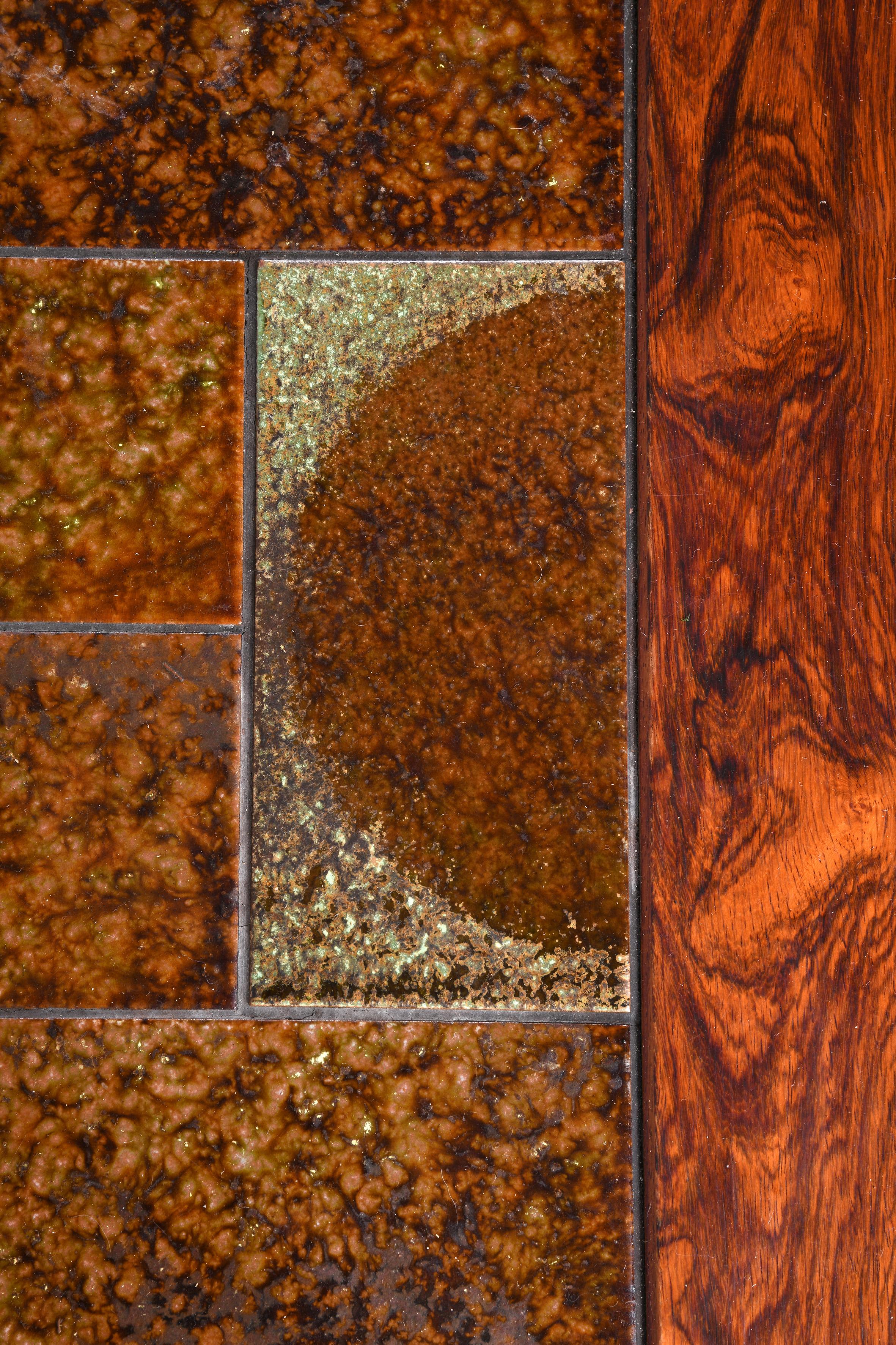 Large danish vintage coffee table wood & ceramic with or without wheels from 60s For Sale 7