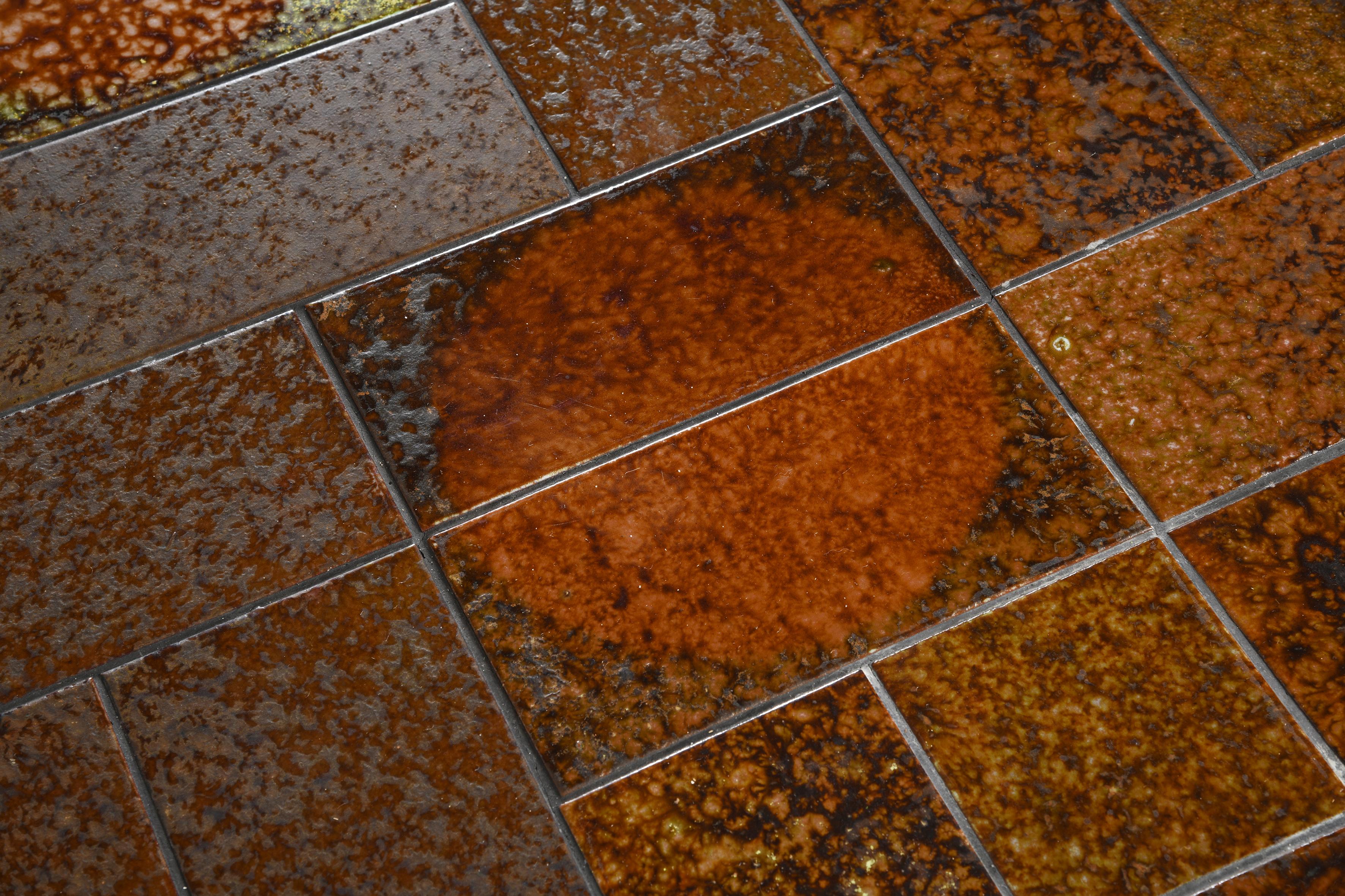 Large danish vintage coffee table wood & ceramic with or without wheels from 60s For Sale 9