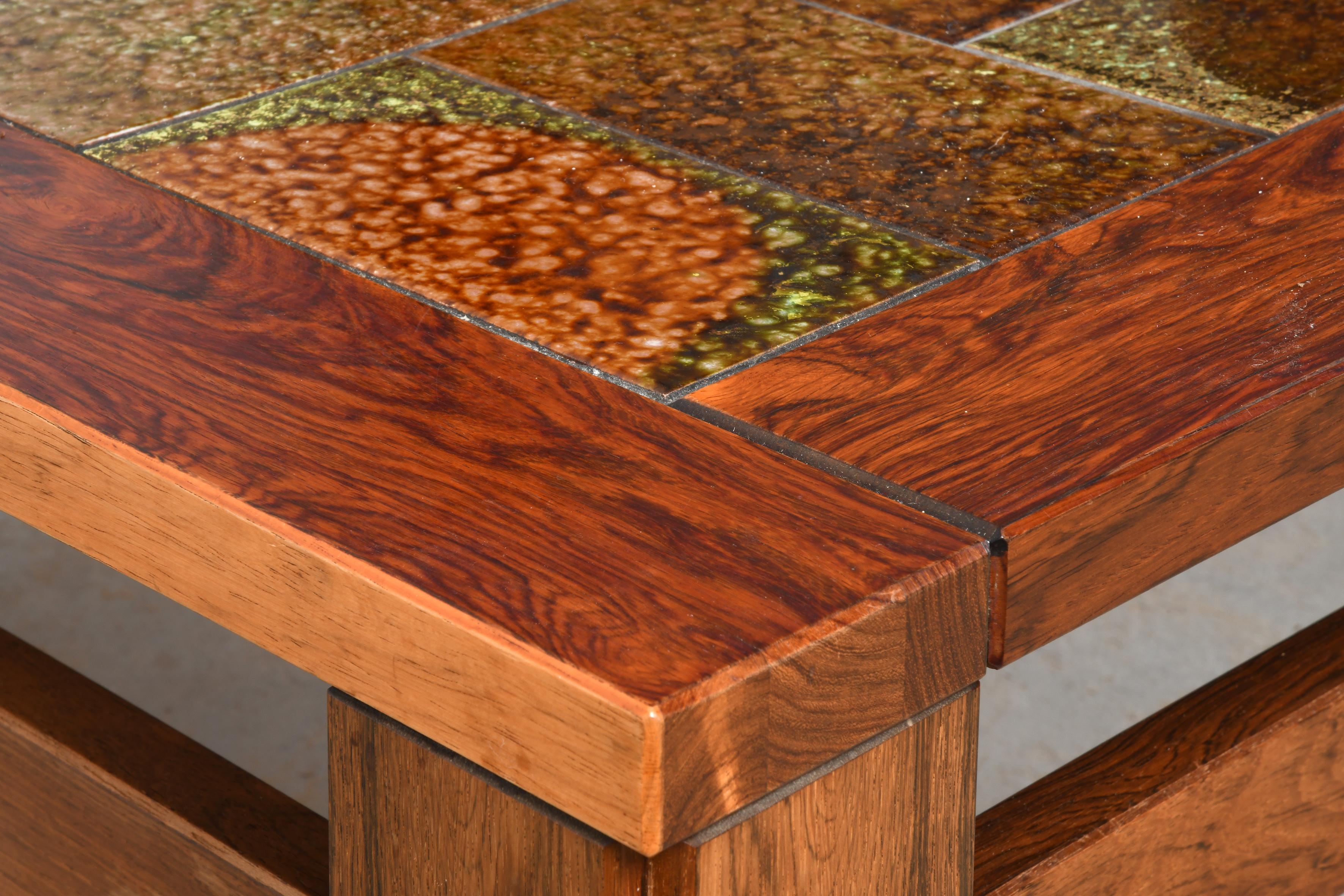 Large danish vintage coffee table wood & ceramic with or without wheels from 60s For Sale 10