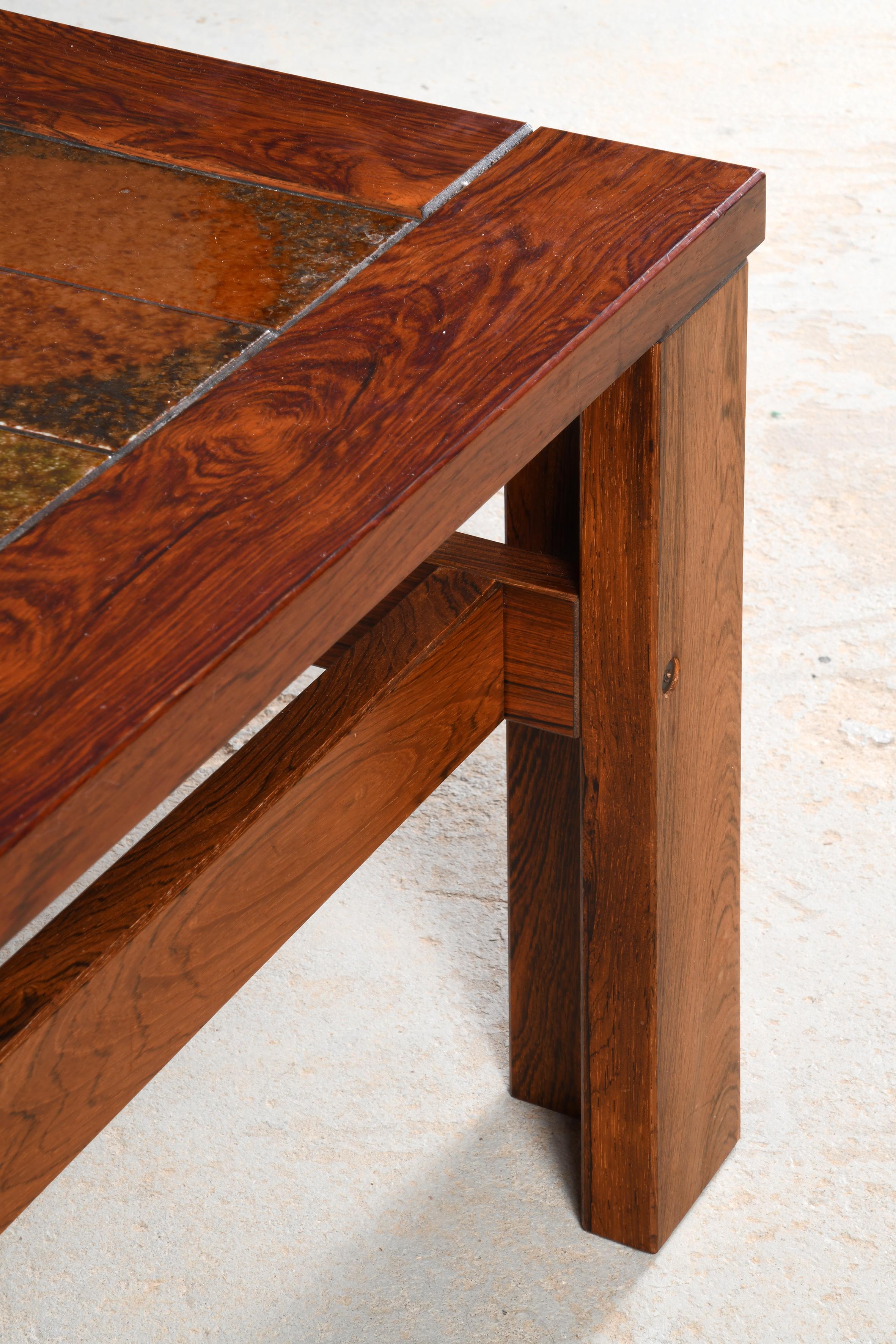 Large danish vintage coffee table wood & ceramic with or without wheels from 60s For Sale 11