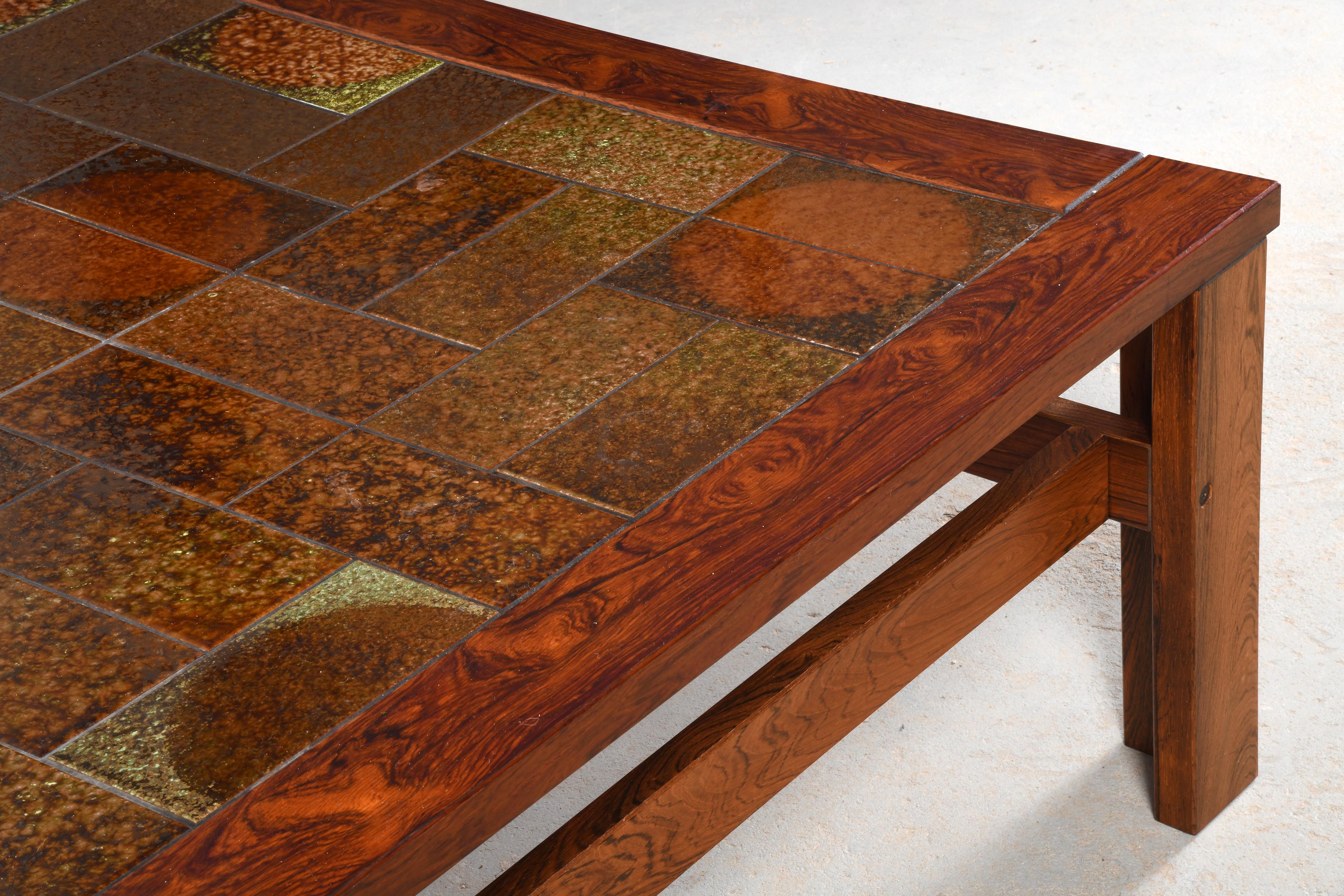 Large danish vintage coffee table wood & ceramic with or without wheels from 60s For Sale 12