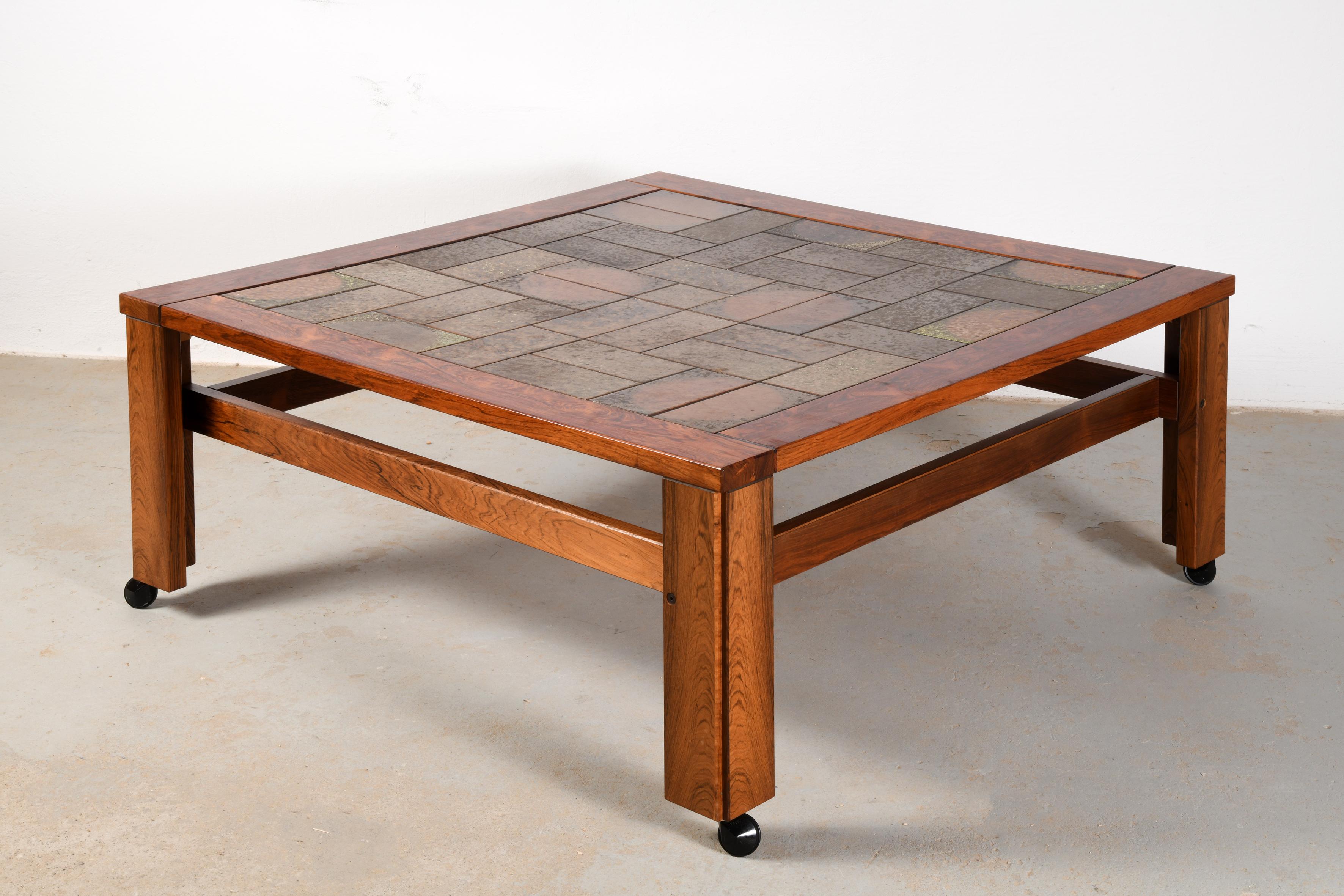 Large danish vintage coffee table wood & ceramic with or without wheels from 60s For Sale 13