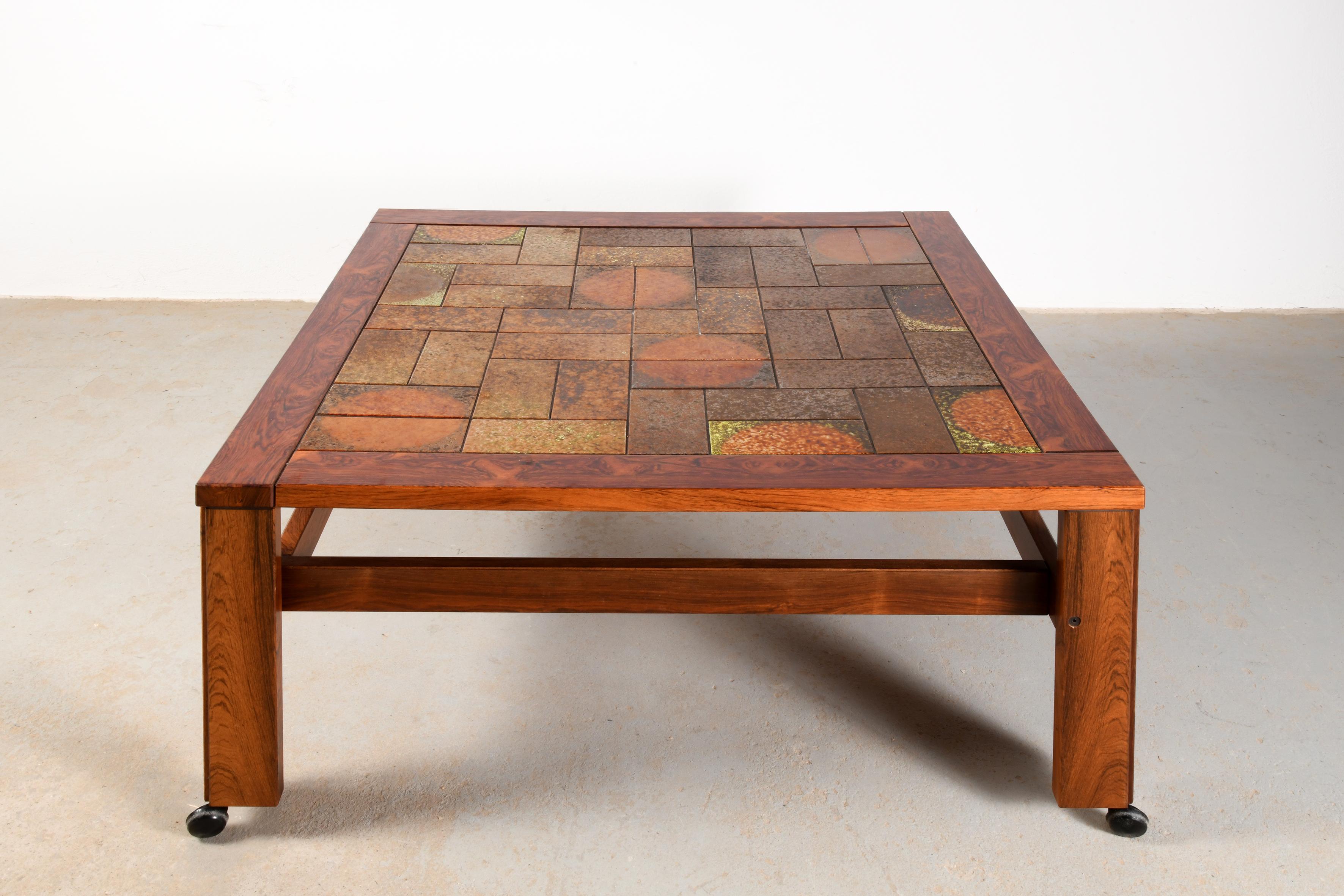 Danish Large danish vintage coffee table wood & ceramic with or without wheels from 60s For Sale
