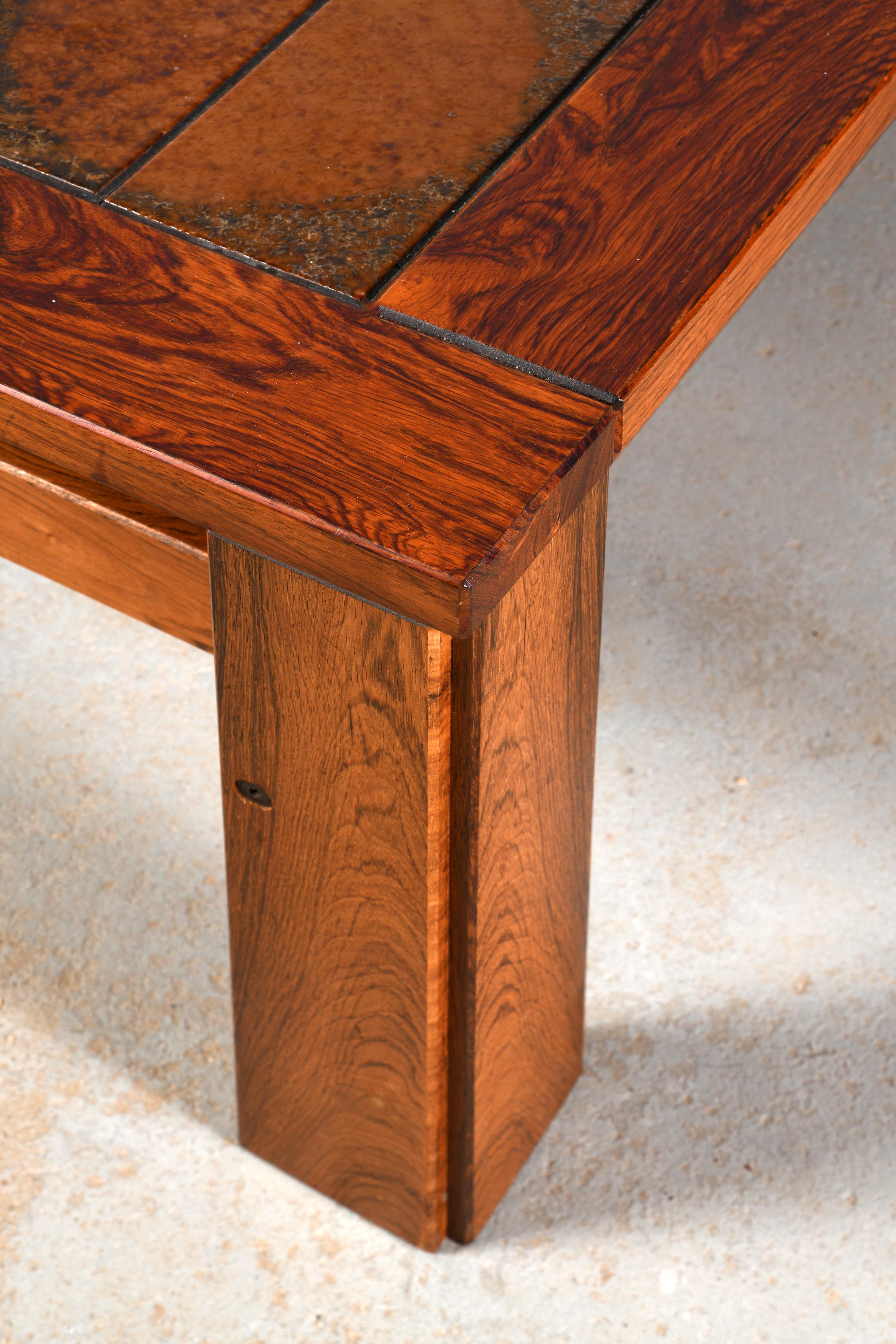 Mid-20th Century Large danish vintage coffee table wood & ceramic with or without wheels from 60s For Sale