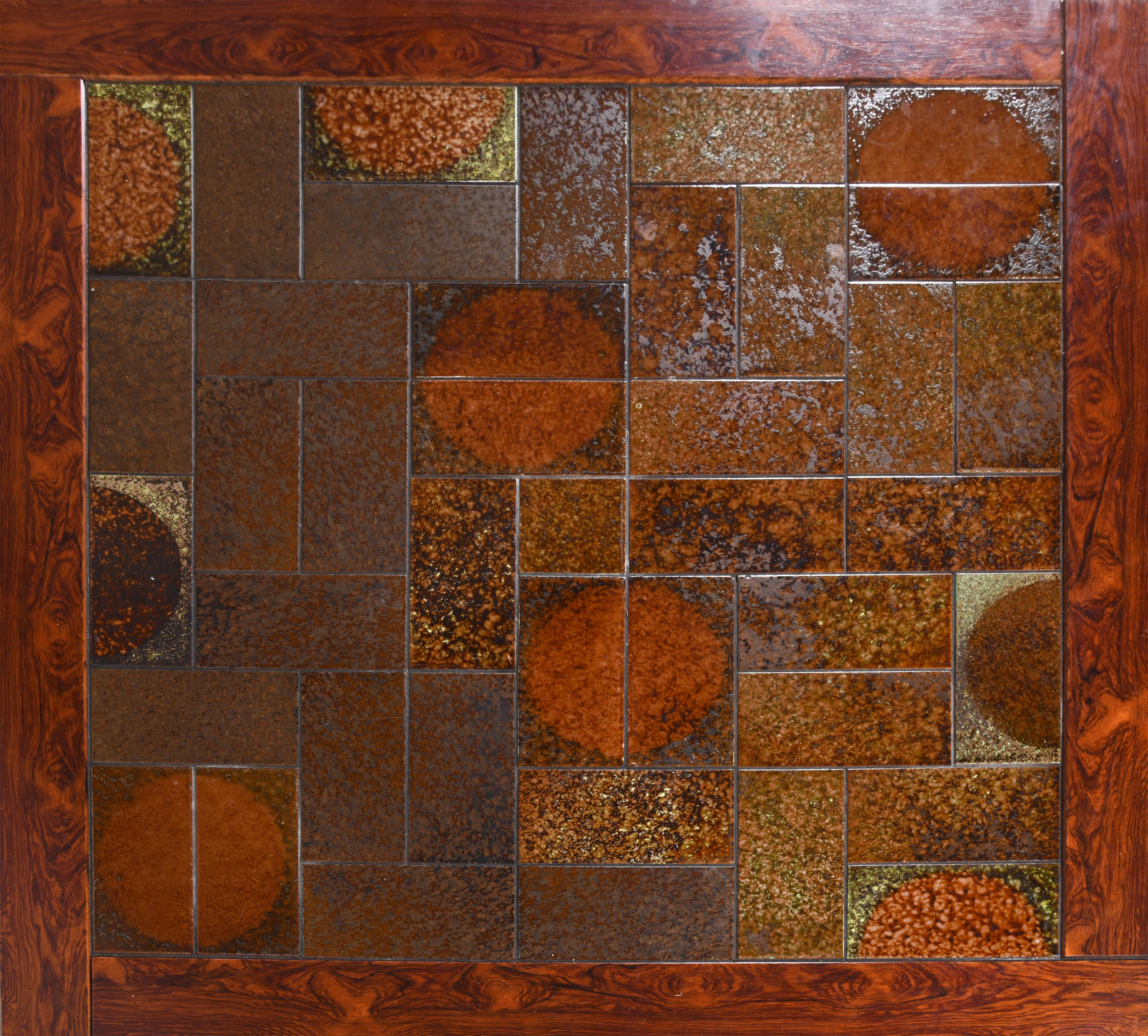 Large danish vintage coffee table wood & ceramic with or without wheels from 60s For Sale 1