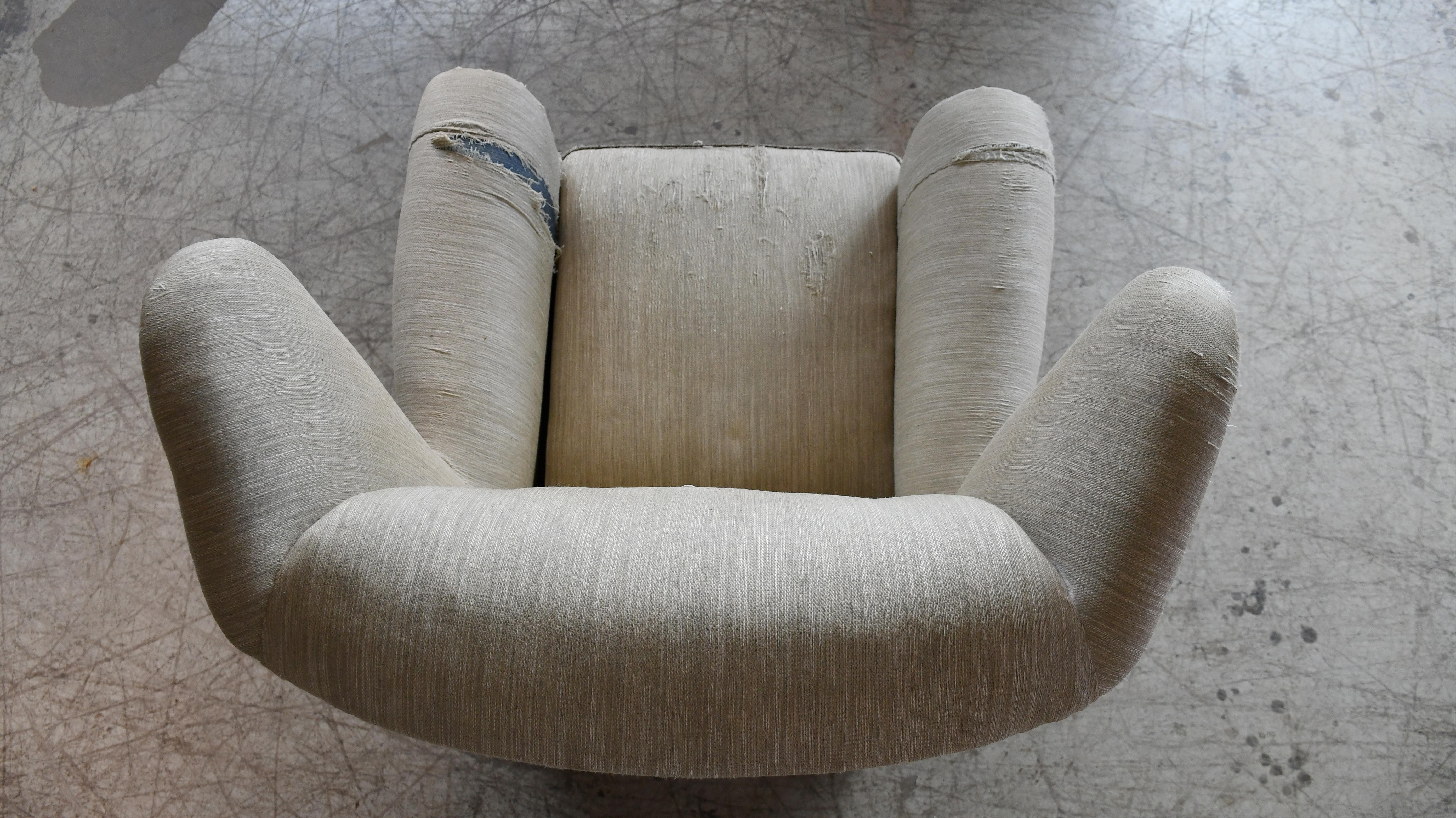 Wool Large Danish Wingback Armchair with Bun Feet 1940's For Sale