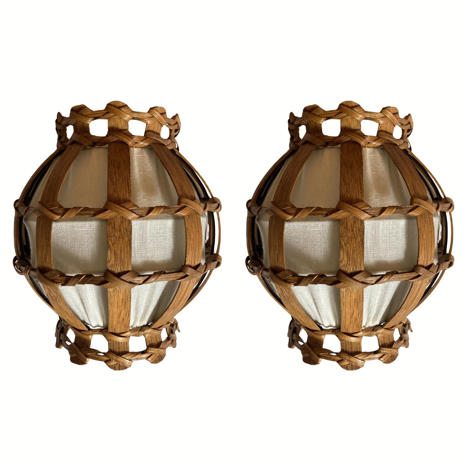 Große dänische Wandleuchter aus Holzfurnier und Stoff, 1970er Jahre, 2er-Set, Set (Dänisch) im Angebot