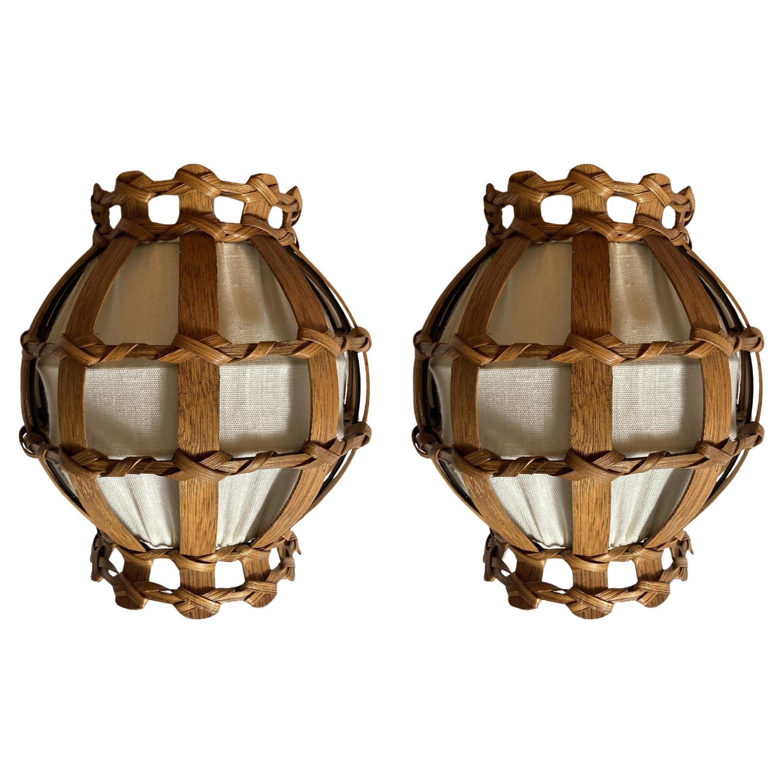 Große dänische Wandleuchter aus Holzfurnier und Stoff, 1970er Jahre, 2er-Set, Set im Angebot