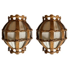Large Danish Wood Veneer and Fabric Wall Sconces, 1970s, Set of 2