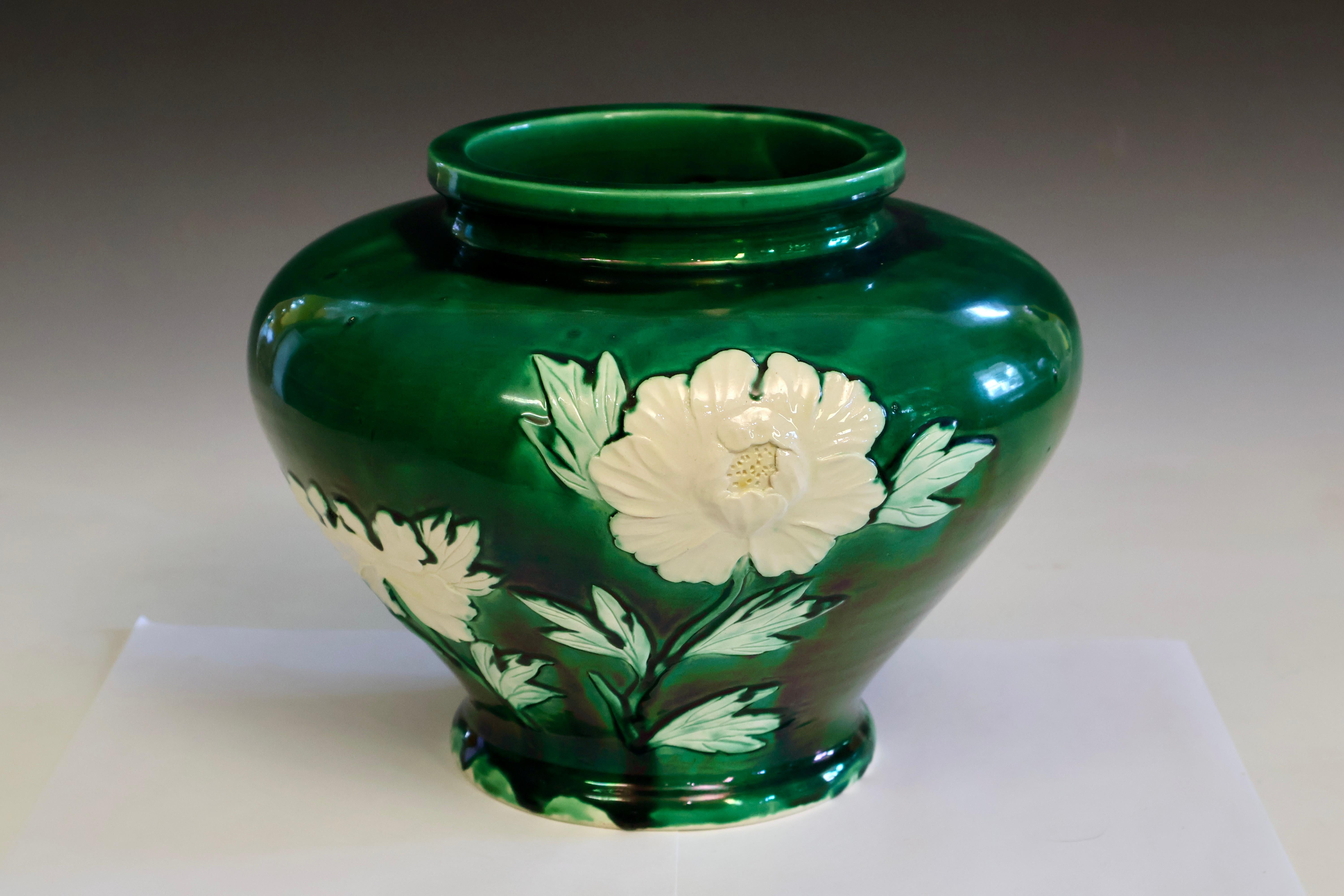 Arts and Crafts Large Danto-Awaji Pottery with Sprigged Peonies on a Green Ground For Sale